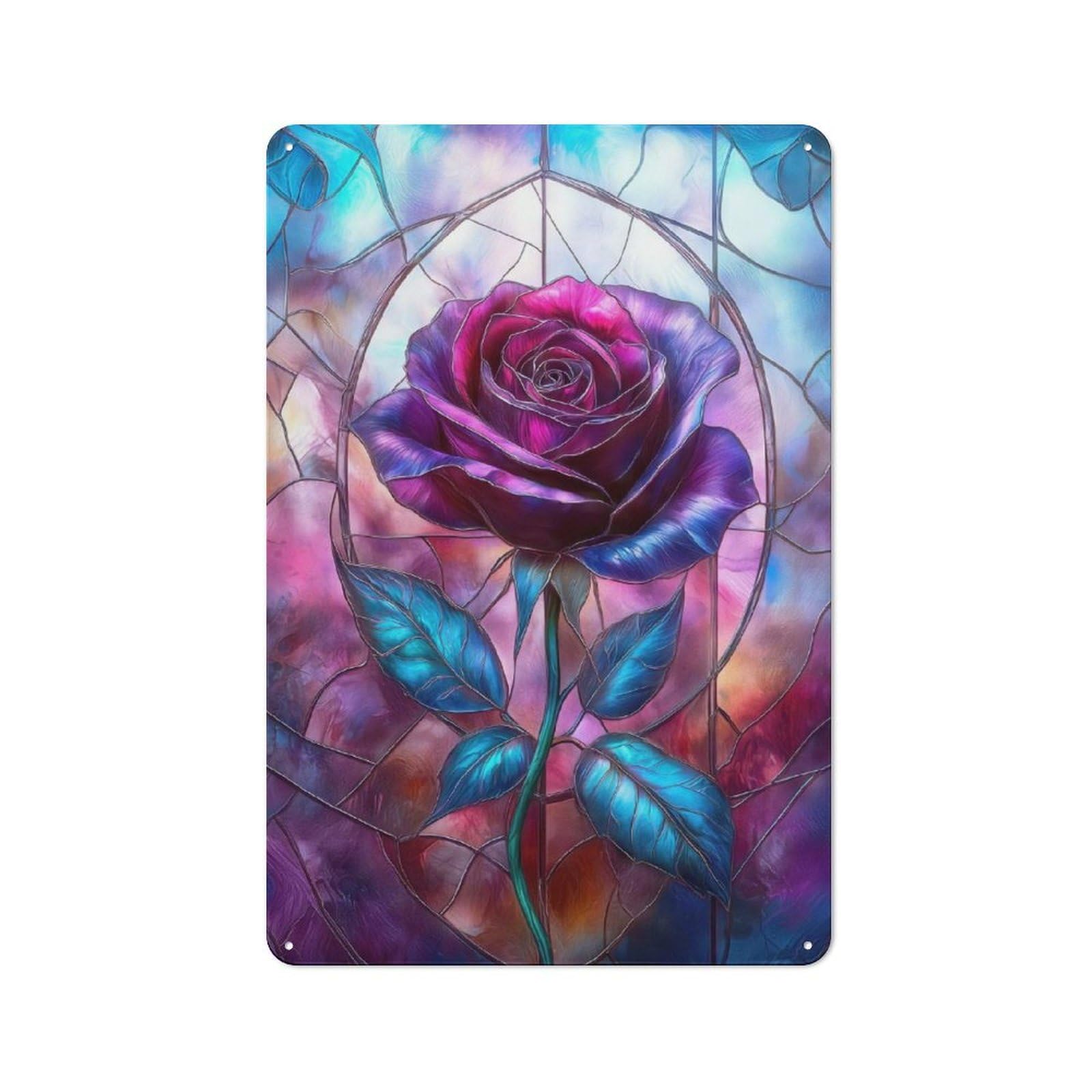 Junmoney Purple Stained Glass Rose Metal Plaque 30X20cm With For Pub Or Café, Rustic Decor, For Pub Decor Enthusiasts
