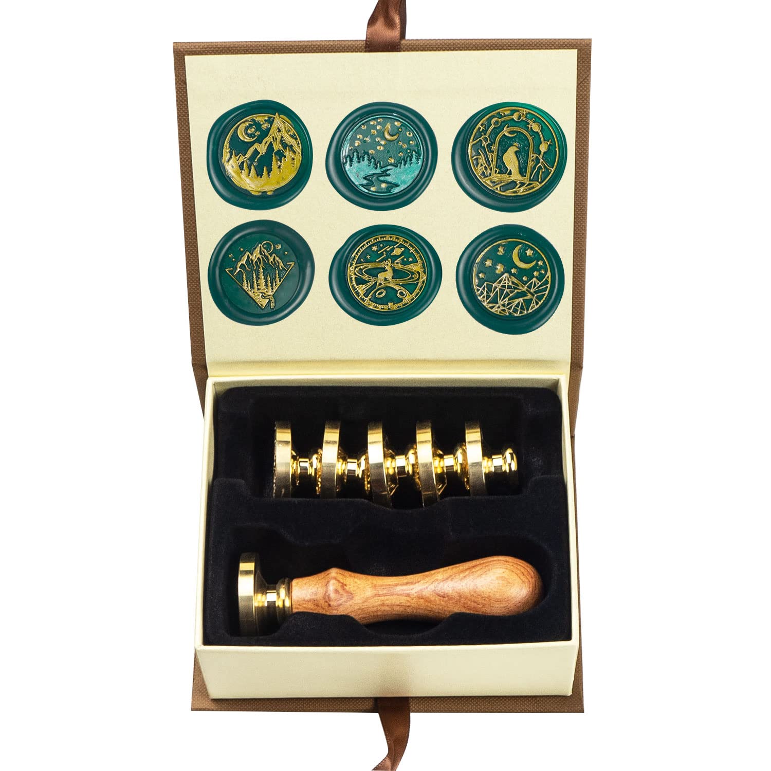 ANBOSE Wax Seal Stamp kit, Moon Wax Seal Stamp Set including 6 PCS Removable Brass Heads and 1 Wooden Handle