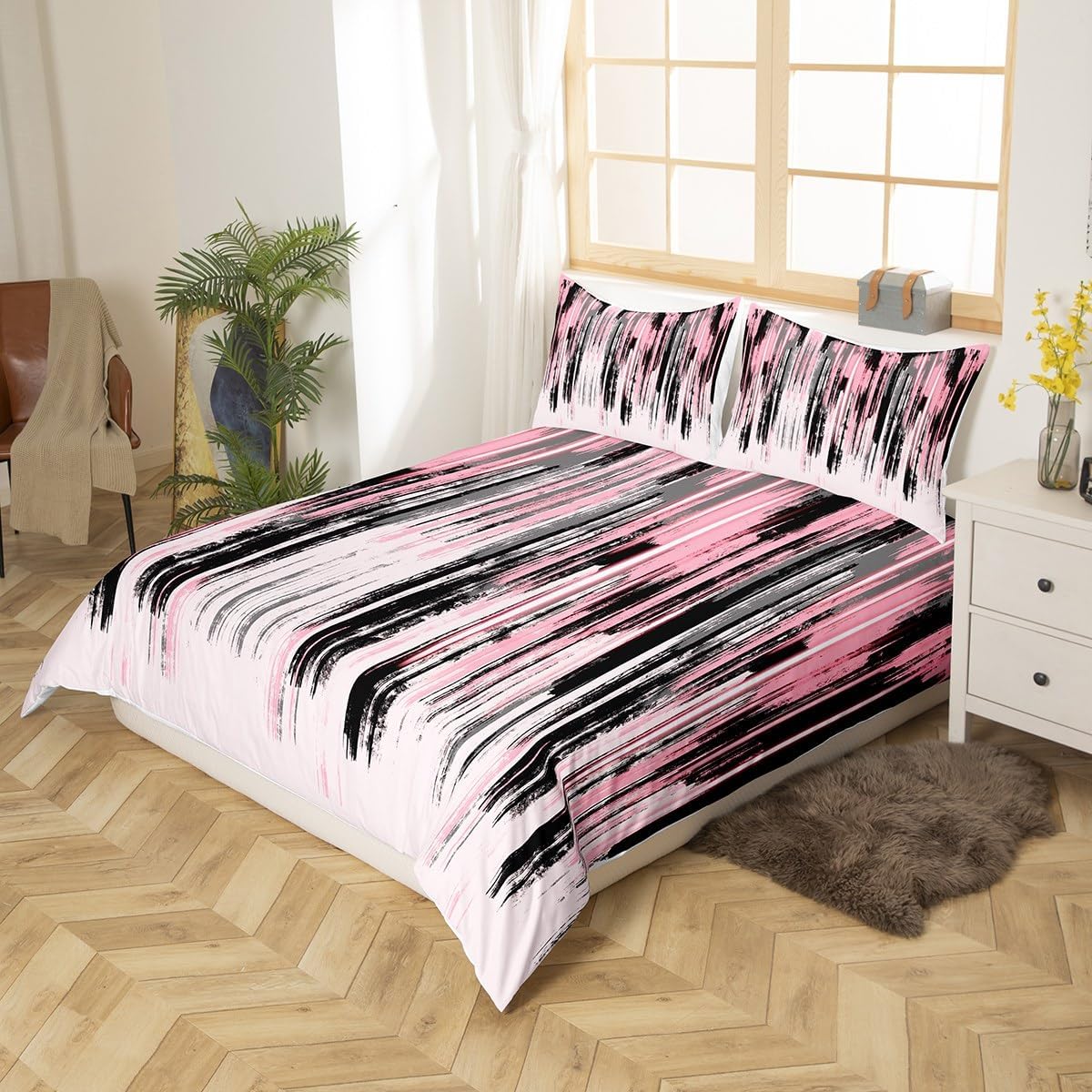 Feelyou Pink White Black Bedding Duvet Cover Set Kids Stripes Reversible Bedding Set Geometric Comforter Cover Set for Room Decor Modern Abstract Art Bedspread Cover Twin Size with 1 Pillow Case