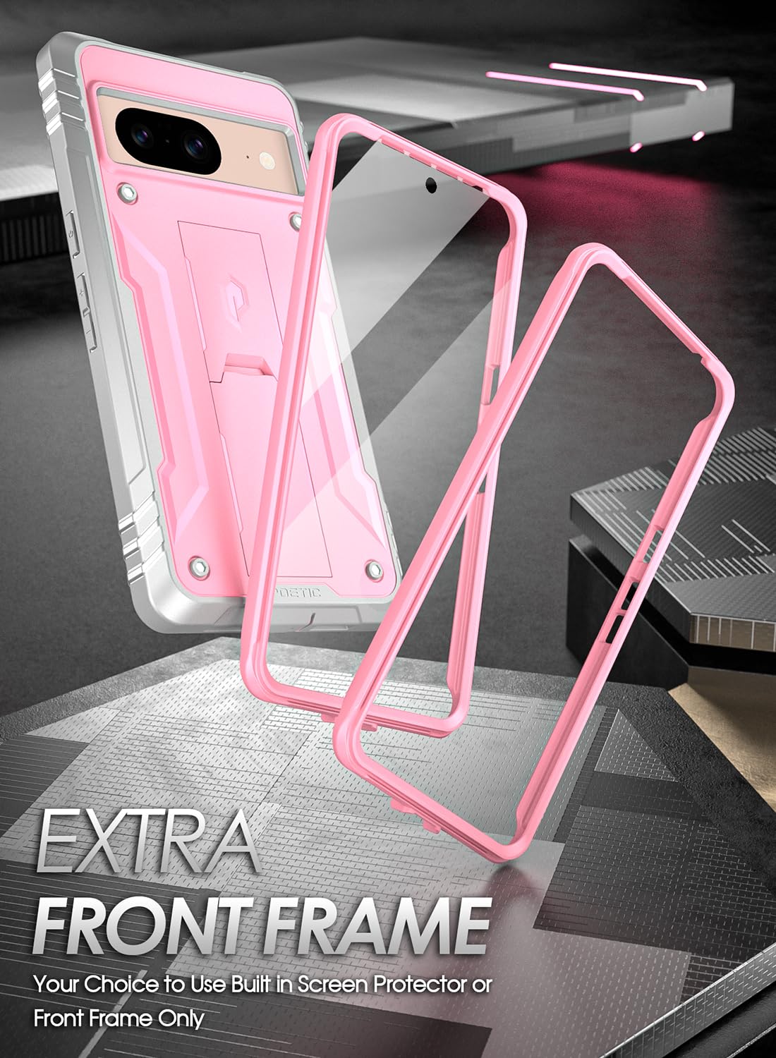 Poetic Revolution Coque compatible avec Pixel 8 5G 6,2", [testé contre les chutes de 6,1 m, qualité Mil-Grade Testé], coque intégrale robuste antichoc avec béquille et protecteur d'écran intégré, rose