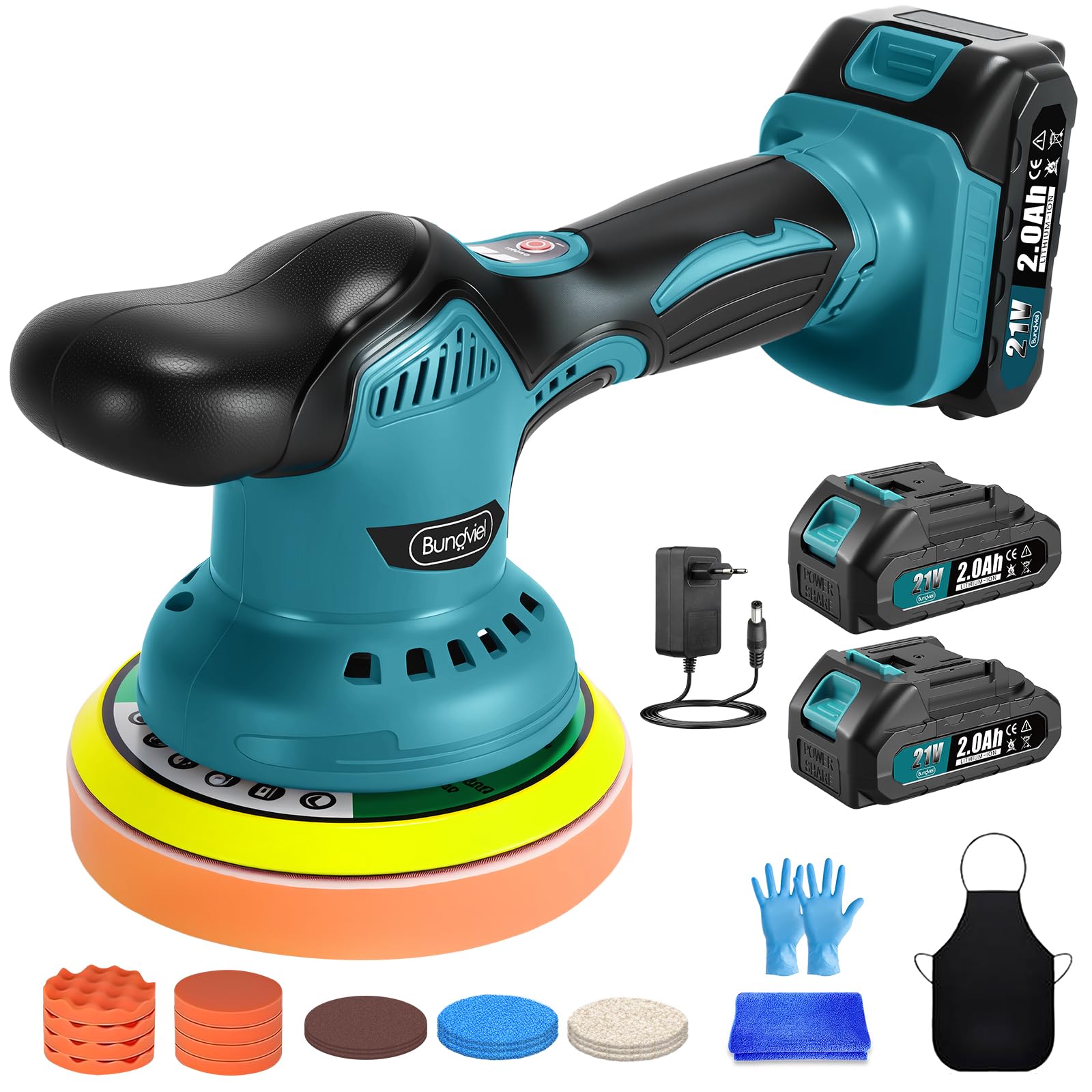 Polisseuse excentrique sans fil pour voiture, 150 mm avec 2 batteries 21 V 2000 mAh, 8 vitesses jusqu'à 6000 tr/min, kit de polissage 13 pièces, kit de polissage pour entretien des détails de