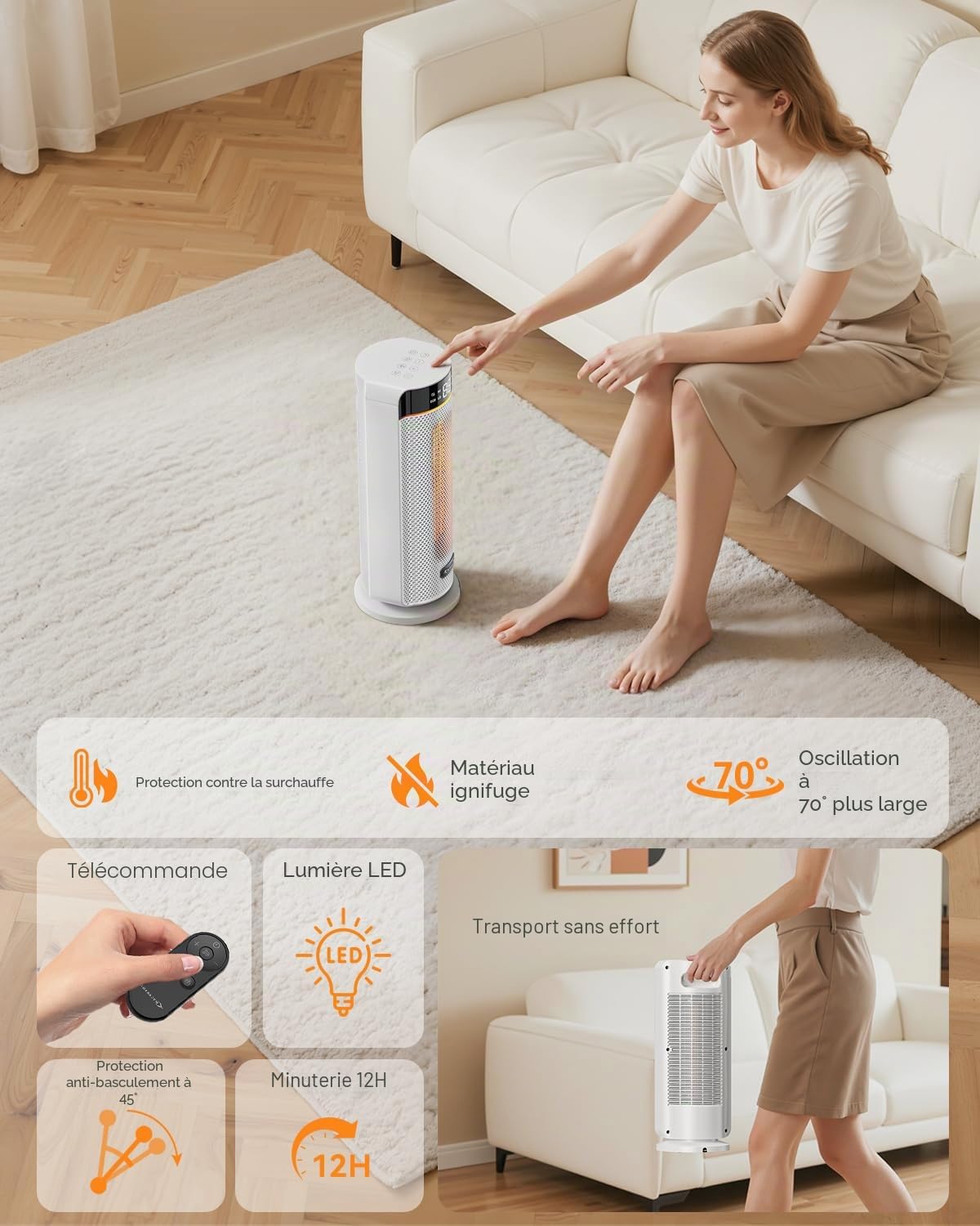 MYCARBON Chauffage d’Appoint Électrique avec Télécommande, Chauffage Soufflant Silencieux avec Thermostat, Minuterie 1-12h, Mode ECO, Mode Nuit, Radiateur Soufflant Céramique PTC avec Écran LED, Blanc
