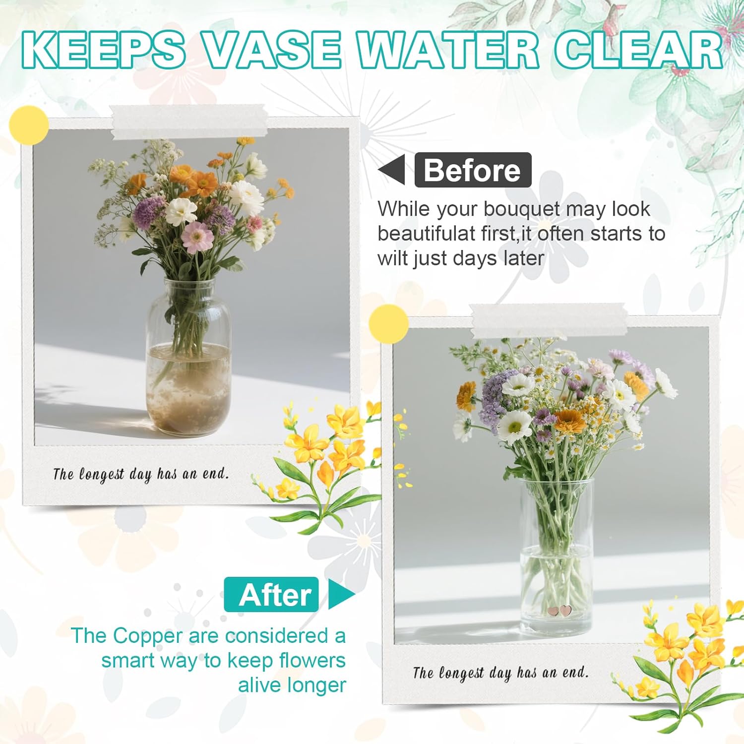 2 Pack Copper Discs for Fresh Cut Flowers, Natural Flower Food Alternative, Keeps Vase Water Clean & Clear, Reusable Vase Water Cleaner (Heart)