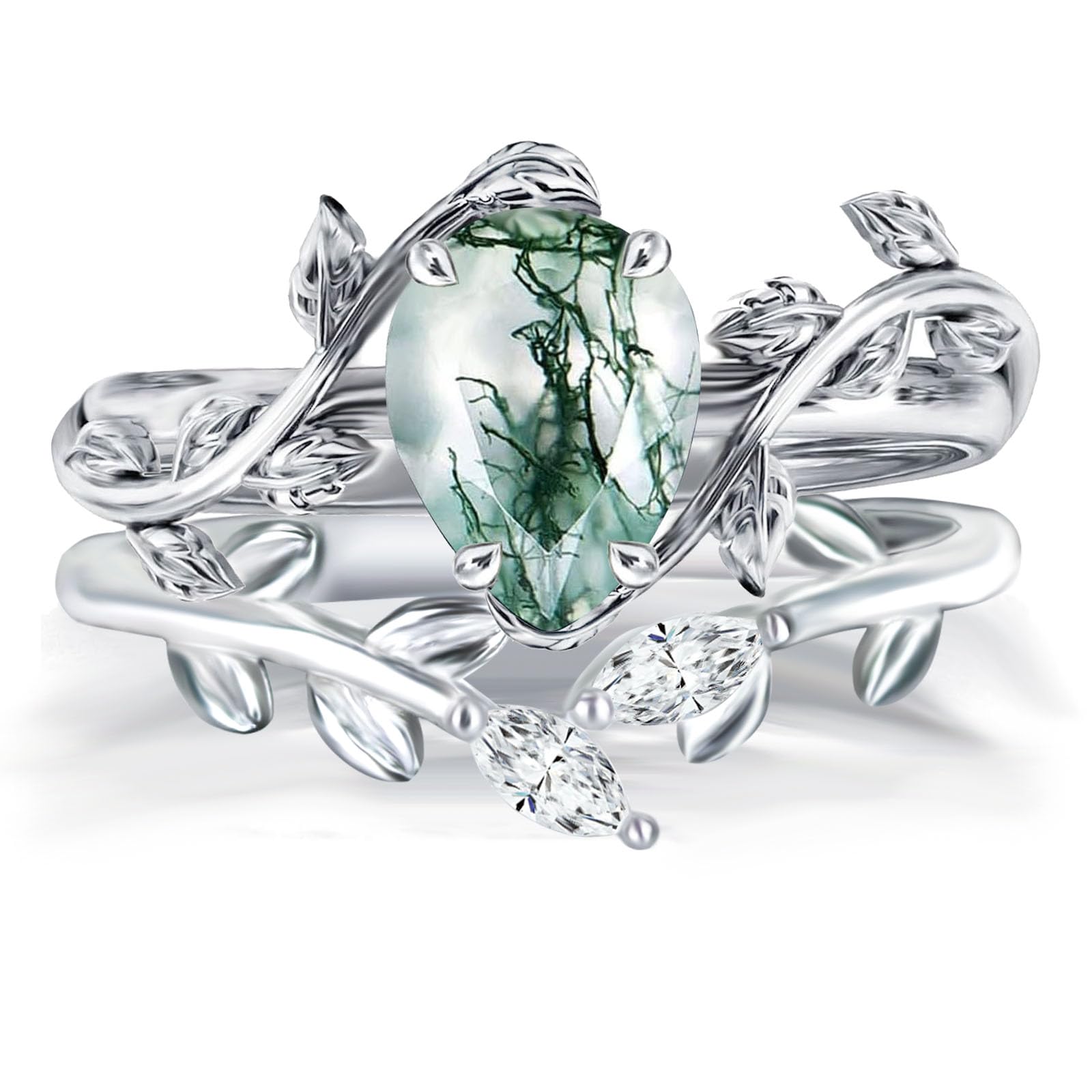 Natural Moss Agate Ring Set 925 Sterling Silver and Pear Birthstone Ring Set Leaf Birthday Engagement Wedding Promise Ring for Her Birthday Christmas