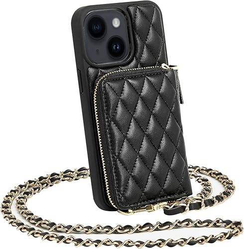 Miniatura 10 de LAMEEKU Funda tipo cartera cruzada para iPhone 15 Pro, funda con soporte para tarjetas, funda acolchada de cuero con cremallera y ranuras para