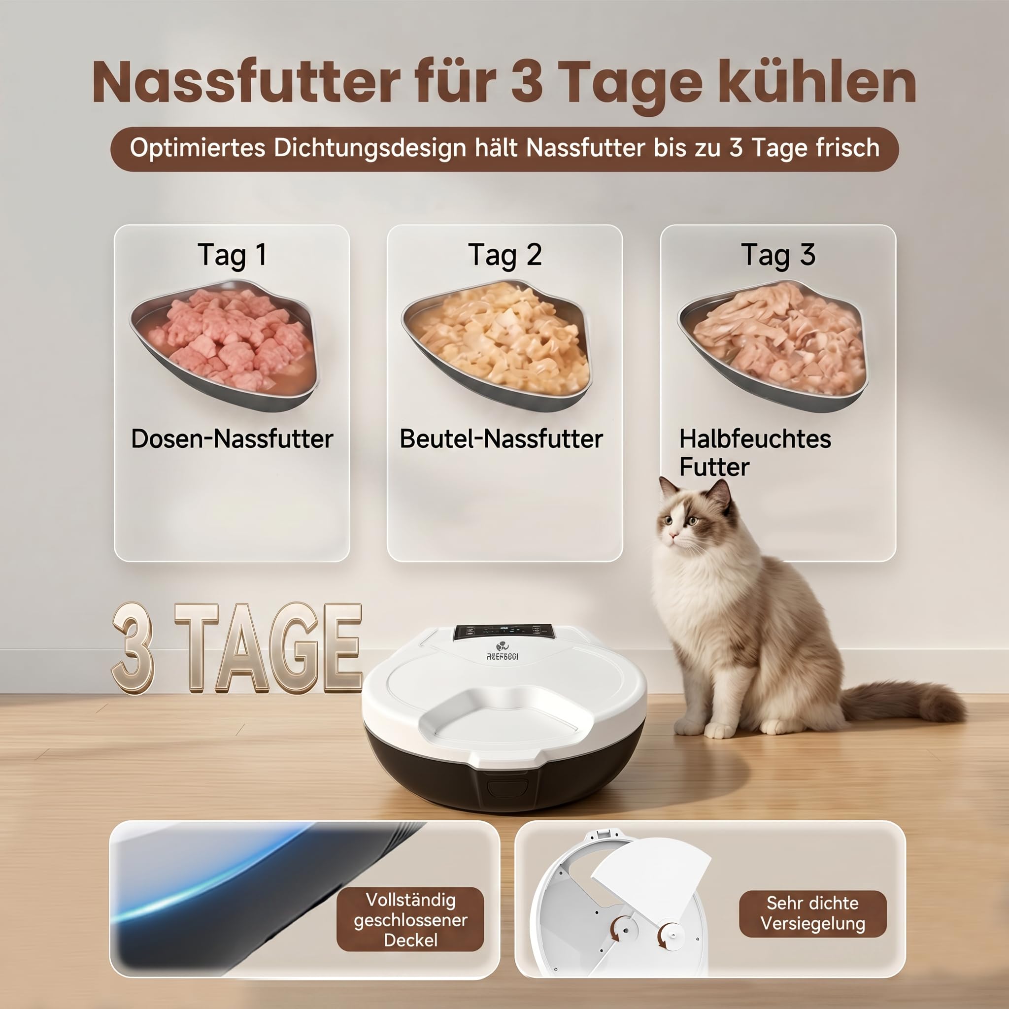 Comedero automático para gatos con refrigeración, función de temporización, 5 compartimentos, tecnología de refrigeración de semiconductores