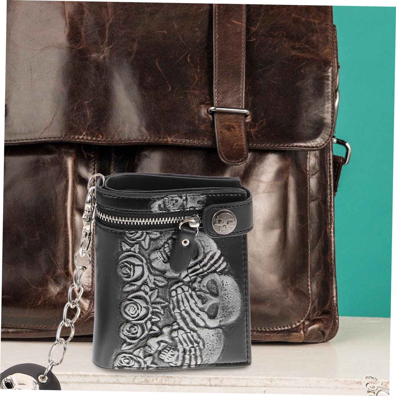 Cartera de Cuero Estilo Punk Cartera con Cadena y Estampado de Esqueleto Gótico para Viajes