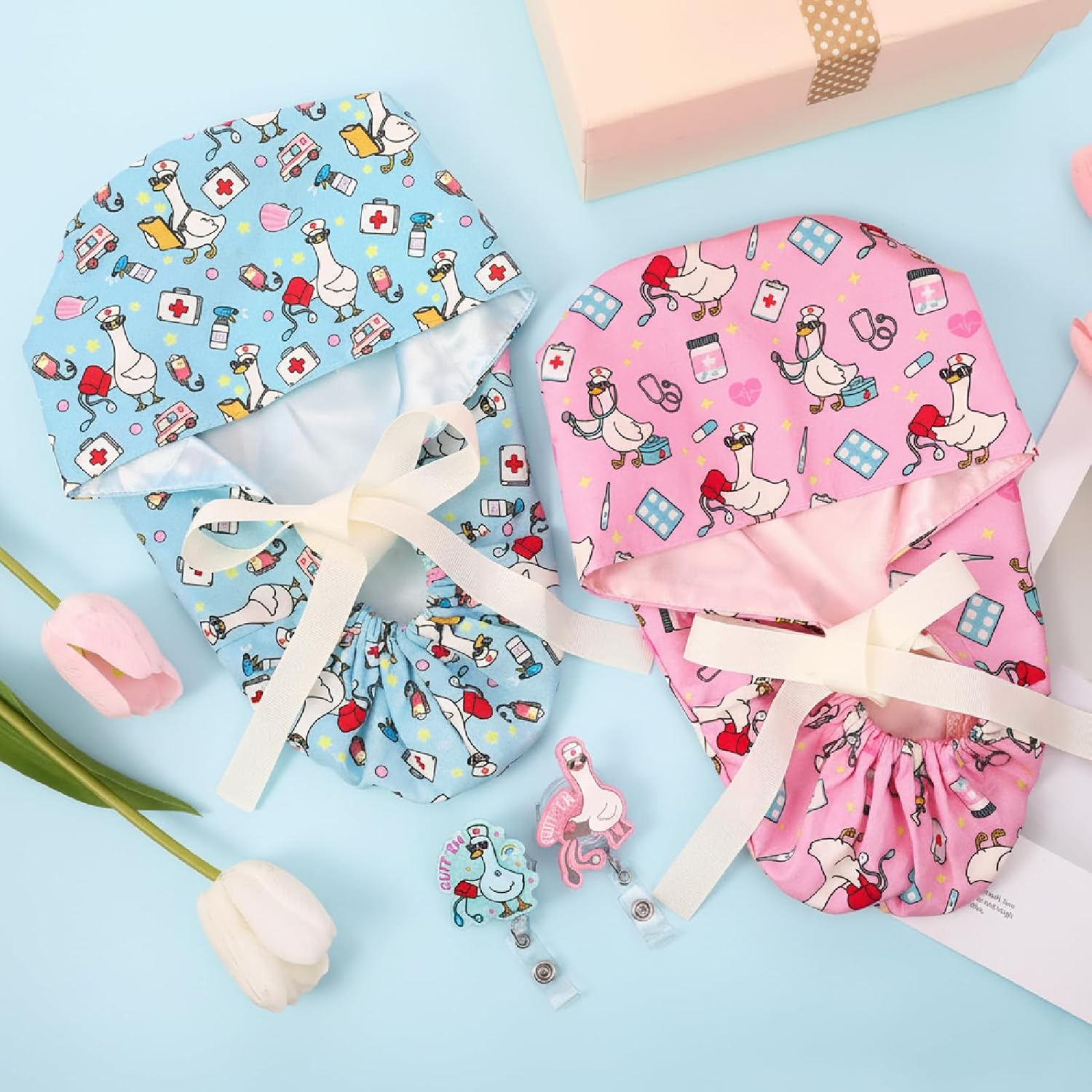 JATEBI 2 Silly Goose Scrub Cap with Badge Reel, Women Nurse Working Cap with Elastic Bandage Tie Multi
