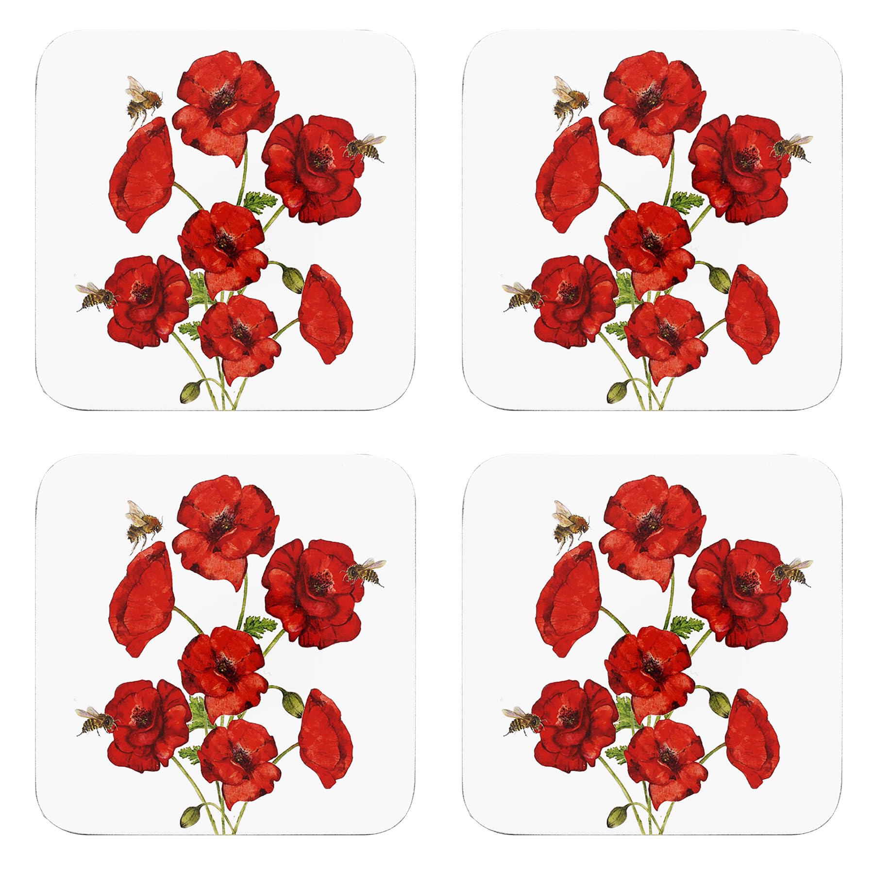 Widdle Gifts 4 Coasters 6235 Christmas Tableware Corked Back Set Of Beautifully Coloured Poppy And Bees Placemats Or Coasters (4 Coasters 6235)