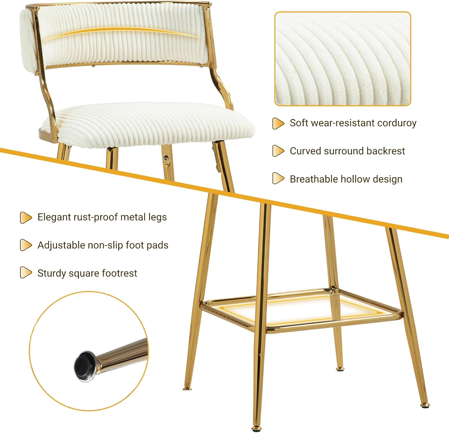 Modern Bar Stools Set of 2 Stool Kitchen Island Stool withBackrest Corduroy Upholstered Bar Chairs with Footrest Sturdy Golden Metal Frame (Beige)