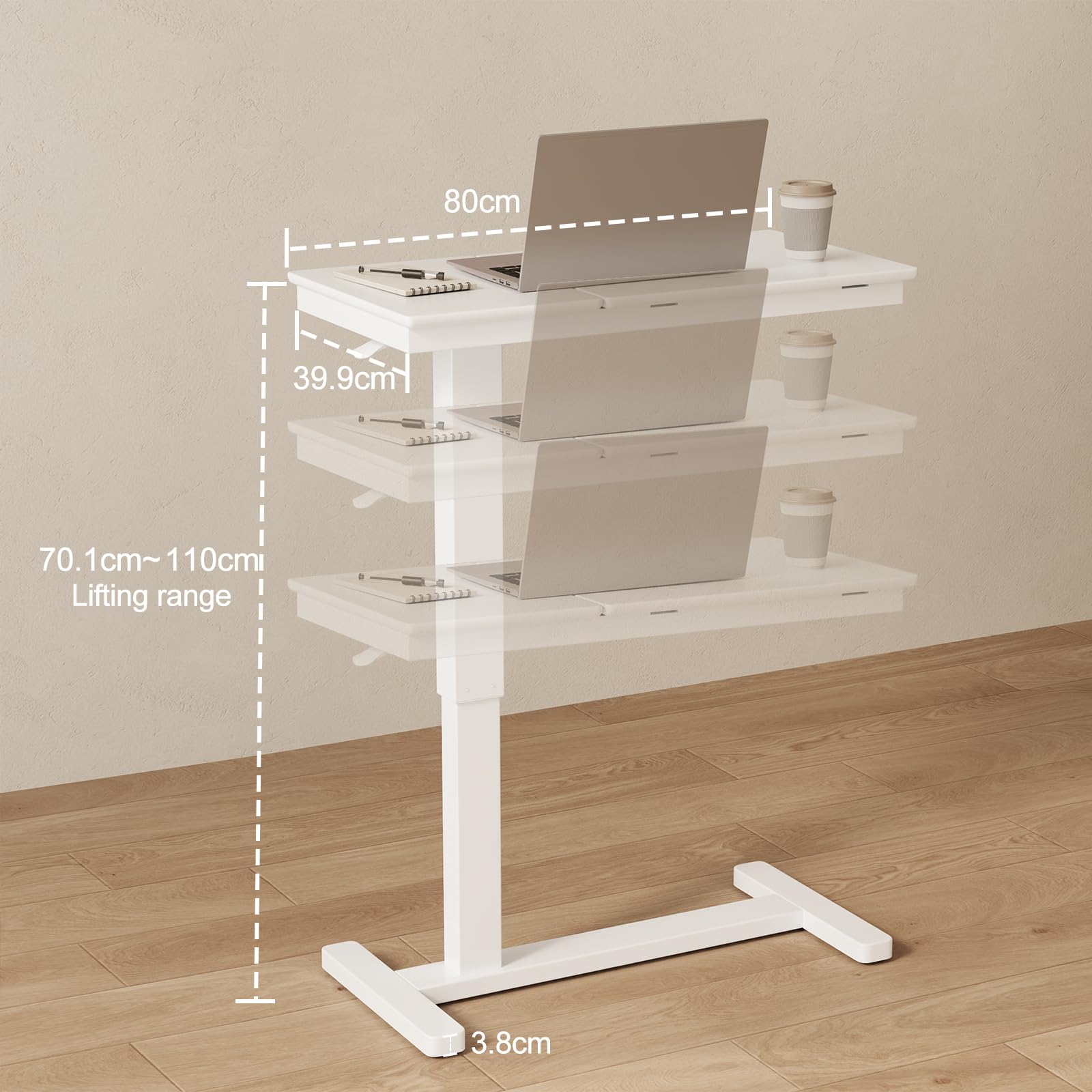 YQJJGL Mesa de Cama Ajustable con Ruedas, Tablero Dividido inclinable de Madera Maciza, mesita de Noche con Bandeja Deslizante para Laptop, Altura Regulable 70-111 cm,Blanco