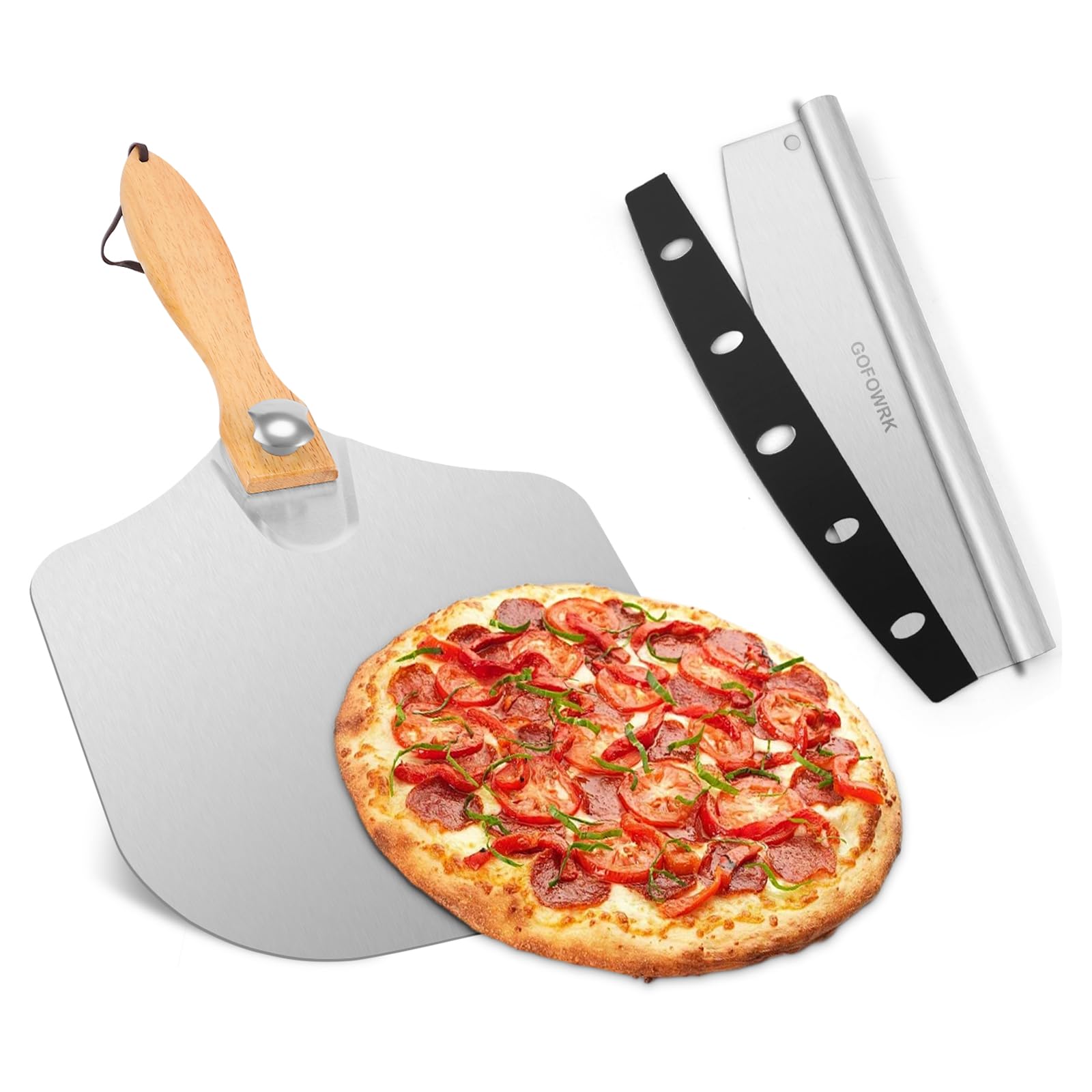 GOFOWRK Aluminium Pizza Peel and Rocker Cutter, Pizza Spatula for Oven with Foldable Wood Handle, Non-Stick Pizza Peel – Slides Easily Under the Pizza for Baking Homemade Pizza (30.5 x 35.5 cm)