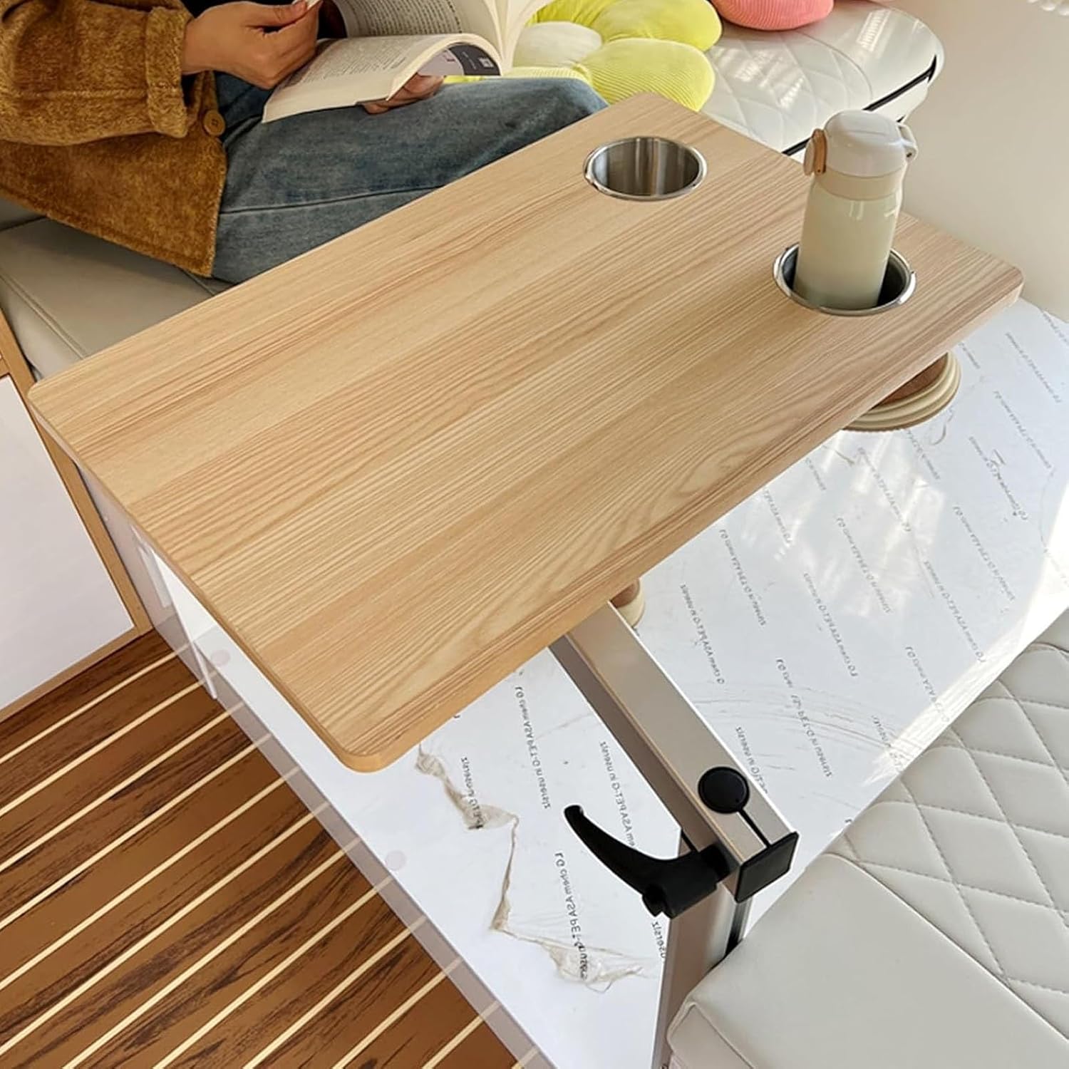 RV Foldable Dining Table, Swivel Folding RVs Table, Lifting and Lowering RV Caravan Folding, Free 360° Rotation Can Be Segmented and Disassembled with 2 Cup Holders