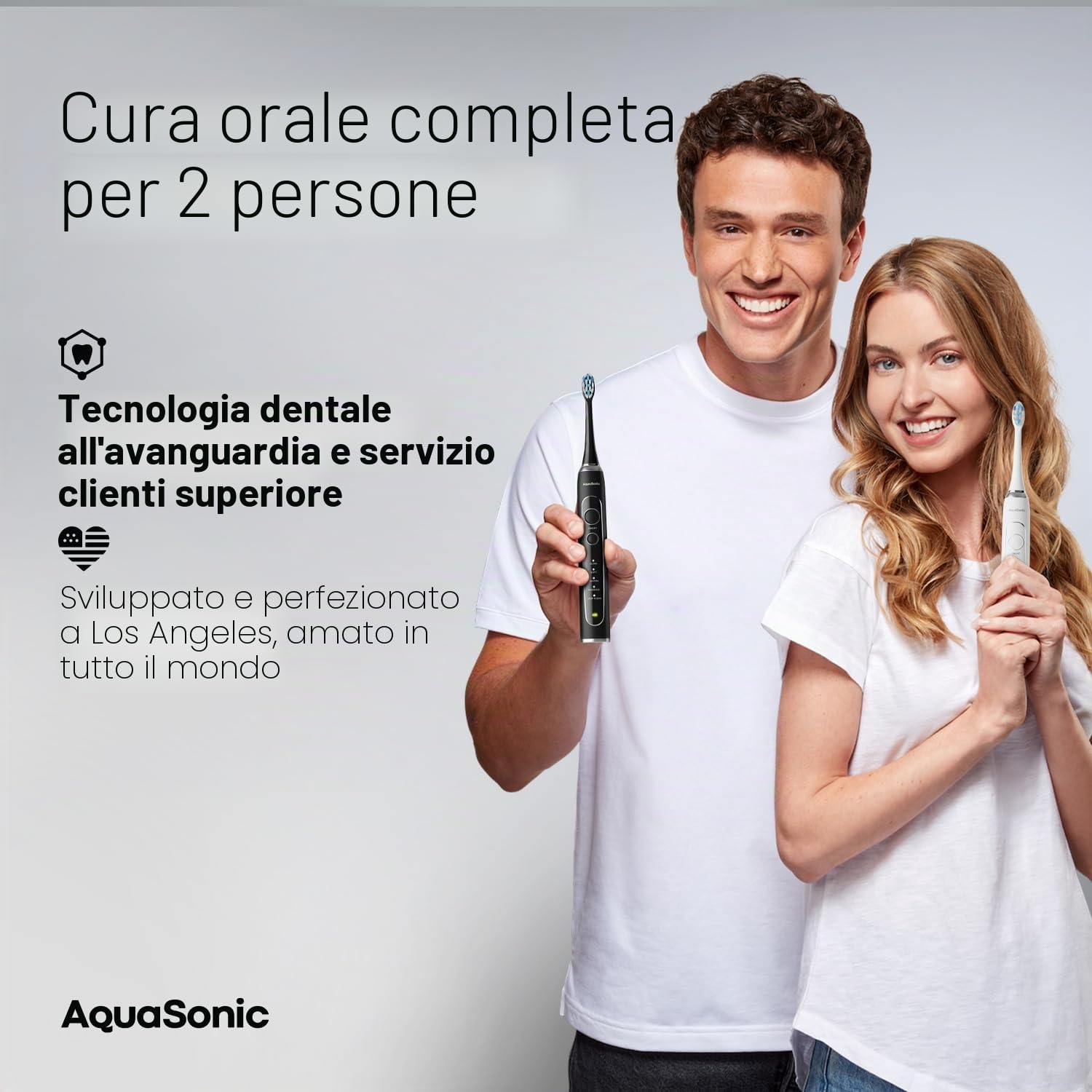 AquaSonic Duo Pro,Spazzolino da denti elettrici con doppio manico ultra sbiancante 40.000 VPM, base di ricarica wireless e igienizzante UV, 10 testine ProFlex e 2 custodie da viaggio
