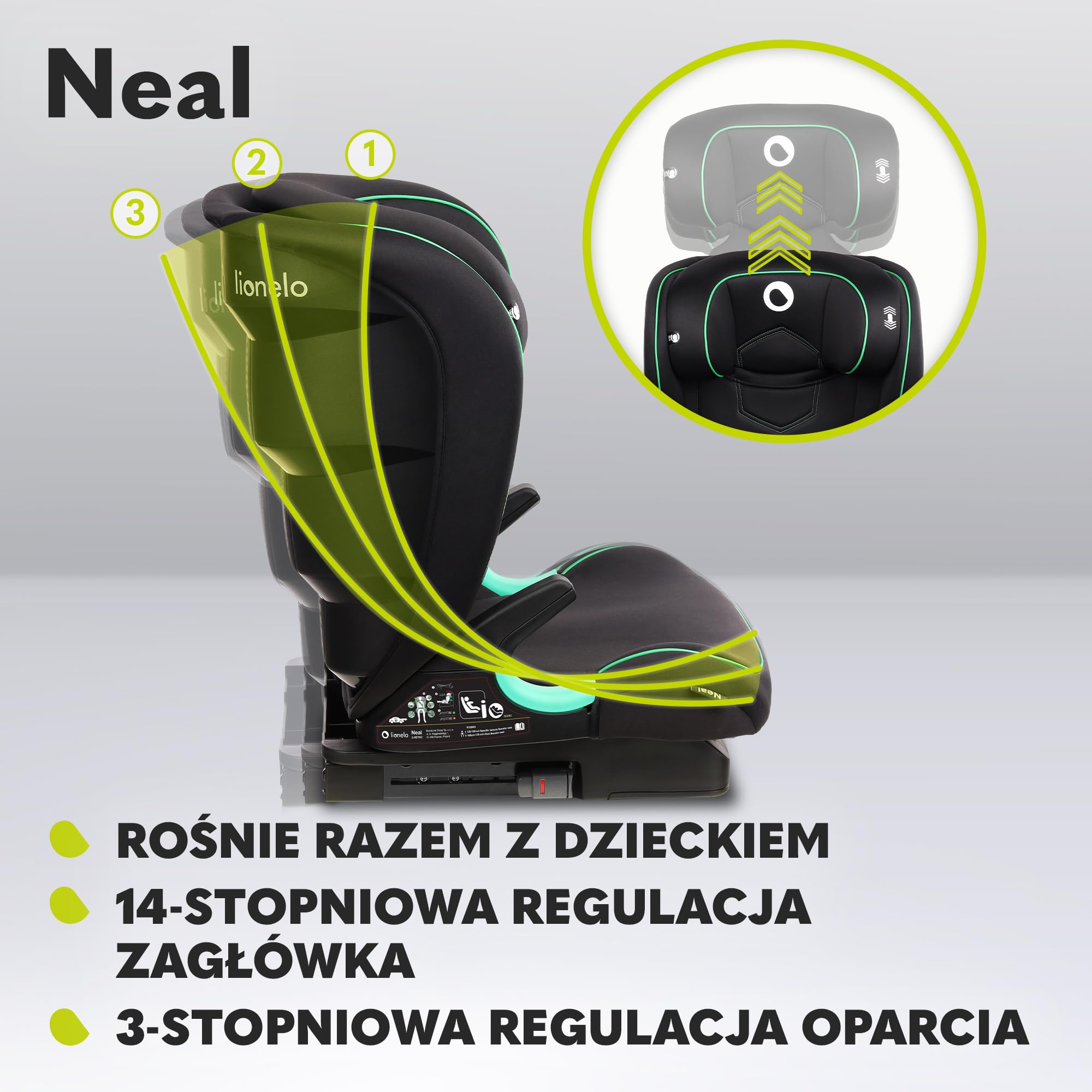 LIONELO Neal fotelik samochodowy do 36kg, zabezpieczenia boczne, Homologacja i-Size, modny design, system montażu ISOFIX, 4-12 rok życia, regulowana wysokość zagłówka, Karta Dziecka (Czarny) | i-Size, 3-stopniowa regulacja oparcia, zagłówek z regulacją wy