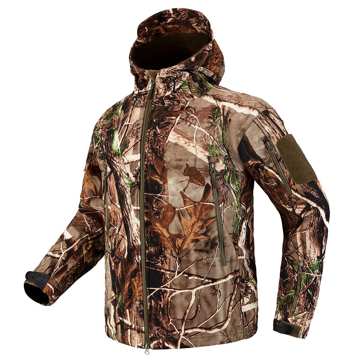 Carwornic Men's Tree Camo Jacket Camo Quiet Hunting Jacket Waterproof Softshell Fleece Lined Camouflage Outdoor Hiking Fishing Coat, M