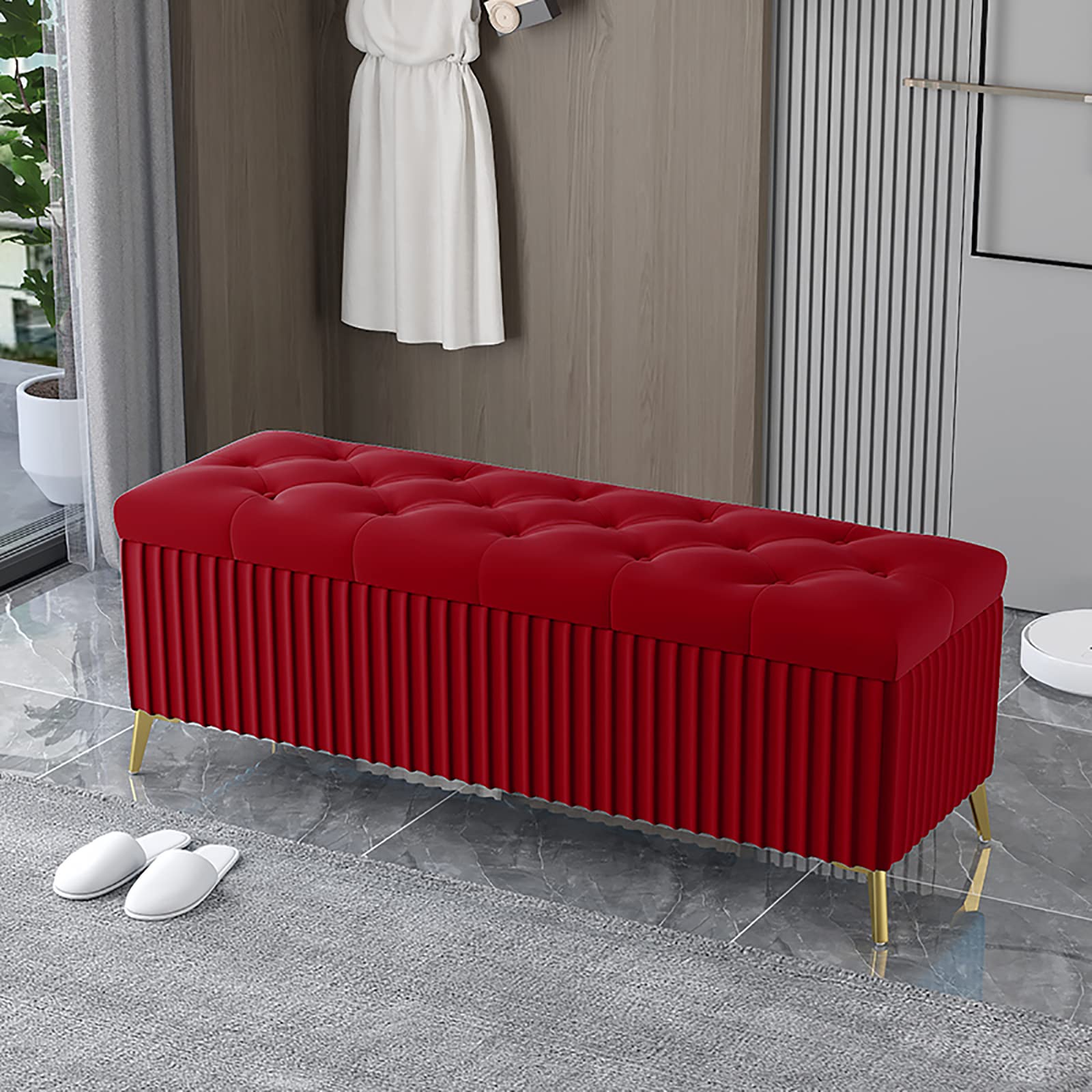 Pouf de rangement rectangulaire en velours rouge moderne 60x40x45 cm