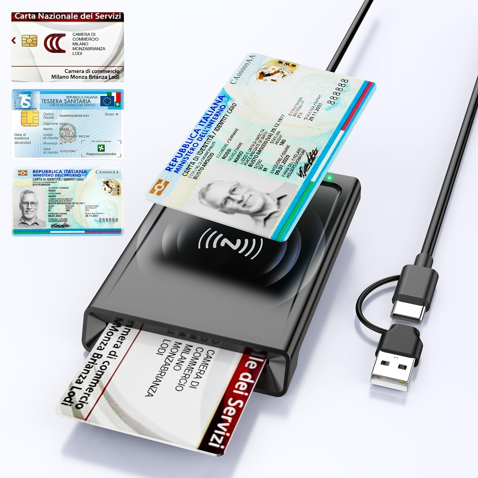 Lettore CIE 3.0 Carta d'Identità e Tessera Sanitaria,USB-A + USB-C Lettore Smart Card Firma Digitale,Lettore Carta Identita Elettronica Contatto e Contactless CIE/CRS/CNS Smart Card NFC per Windows