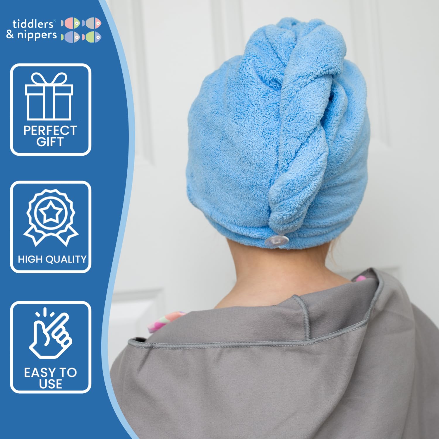 Tiddlers & Nippers Haarturban – Super Saugfähiges Haarwickelhandtuch, 65x25 Cm, Mit Knopf & Elastischem Band Für Frauen & Kinder, Blau