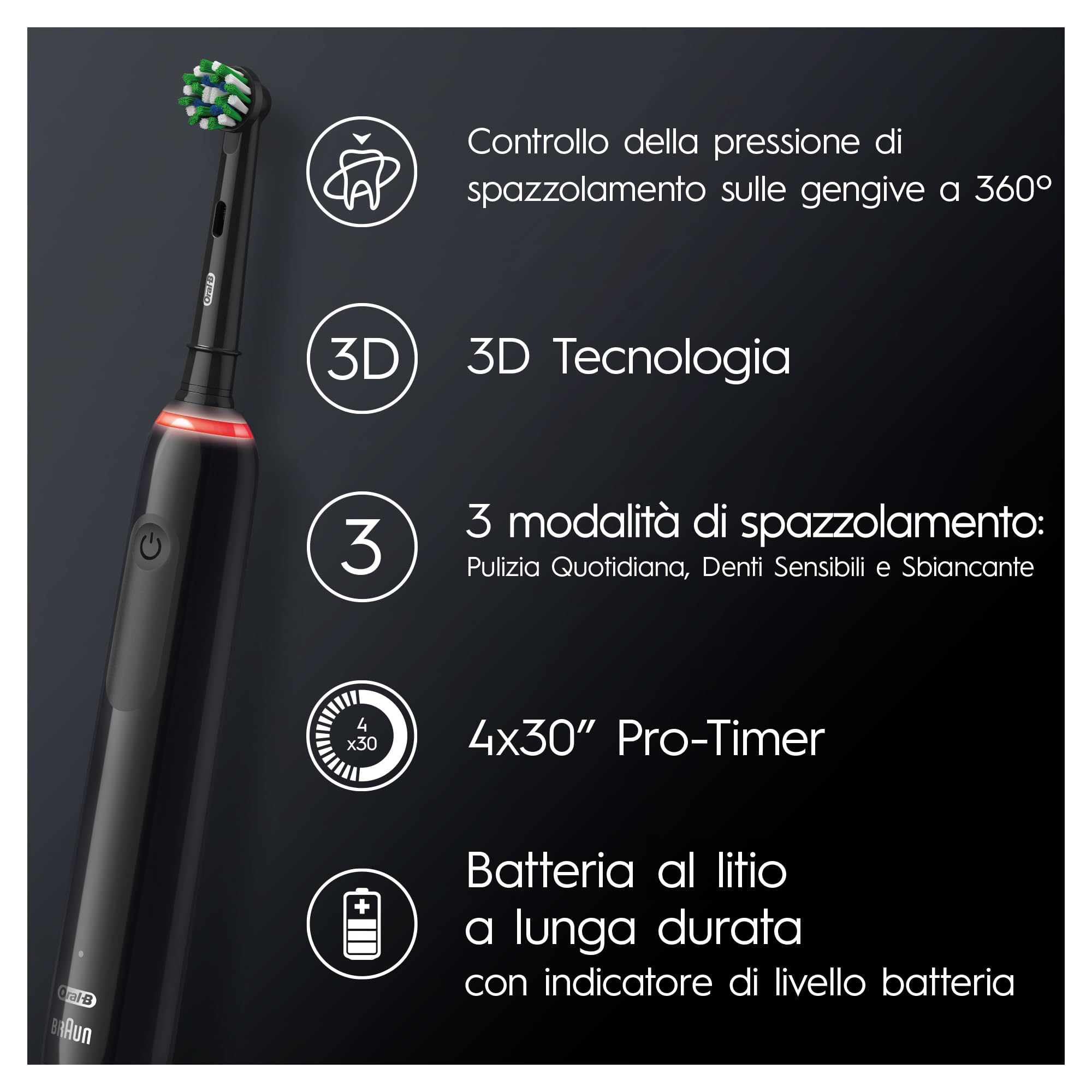 Oral-B Spazzolino Elettrico Ricaricabile Nero Pro 3 3500, 1 Testina, 1 Custodia Da Viaggio. 1 Spazzolino