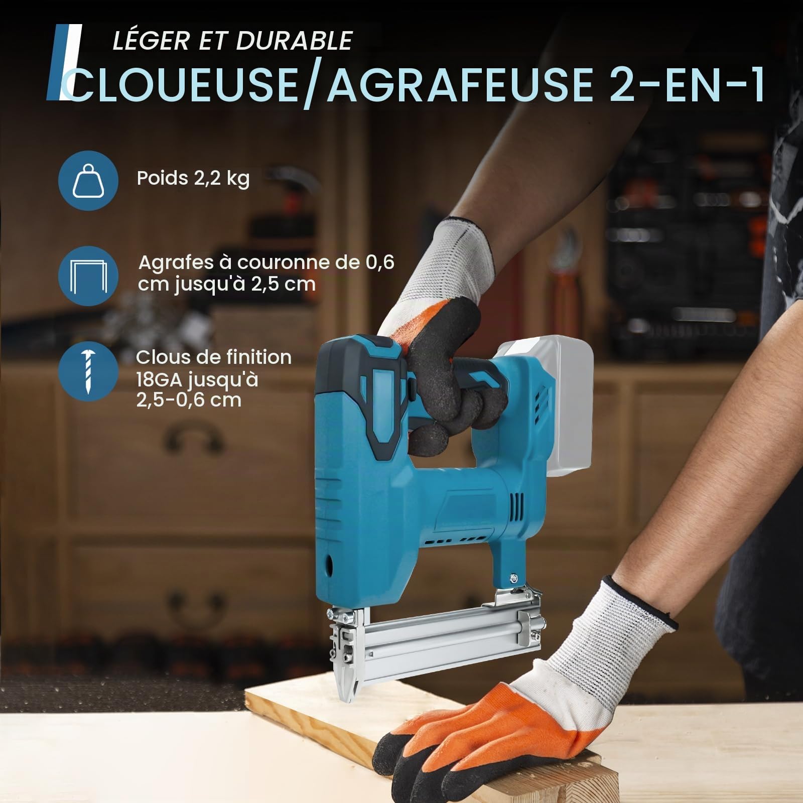 Agrafeuse sans fil compatible avec batterie Makita 18 V | Agrafeuse électrique sans fil avec 1000 clous droits et 500 clous en U, Agrafeuse-Cloueuse Électrique Sans Fil à Batterie