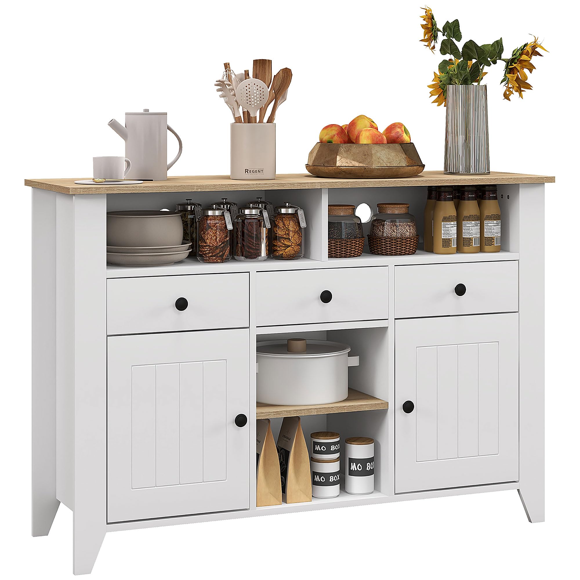 HOMCOM Aparador de Cocina Moderno 2 Puertas 120x38x81,5 cm Blanco y Roble | Mesa para Televisores de 50 Pulgadas, 3 Cajones, 2 Estantes Abiertas, 2 Estantes Regulables