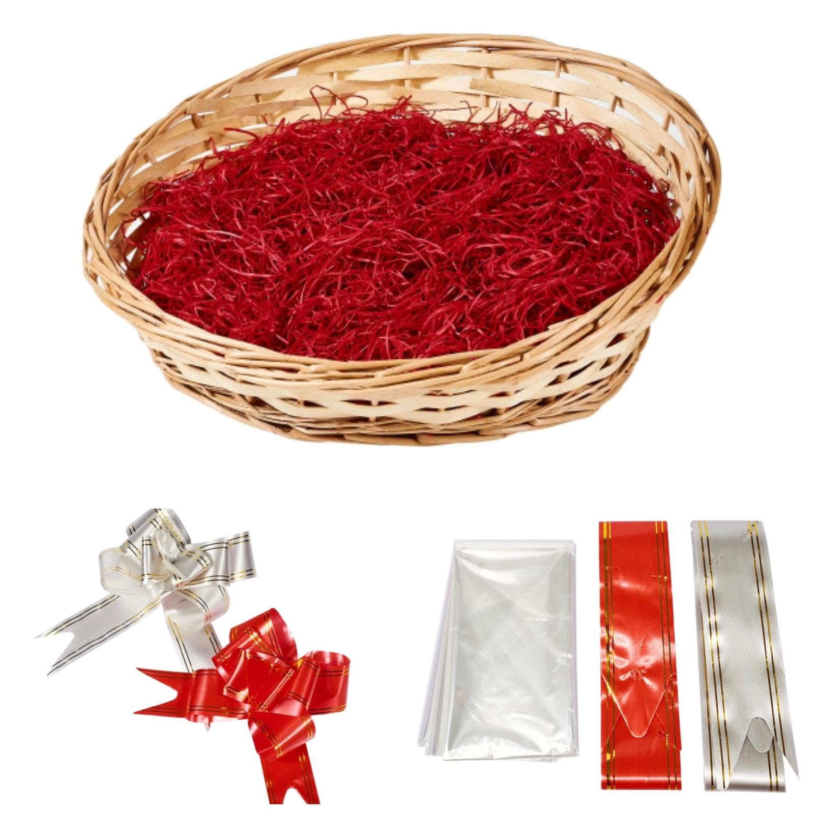 ADEPTNA Premium Wicker Gift Hamper Basket Kit Create Your Own Festive Present – Includes Cellophane Bag Ribbon and Wood Wool (NATURAL)