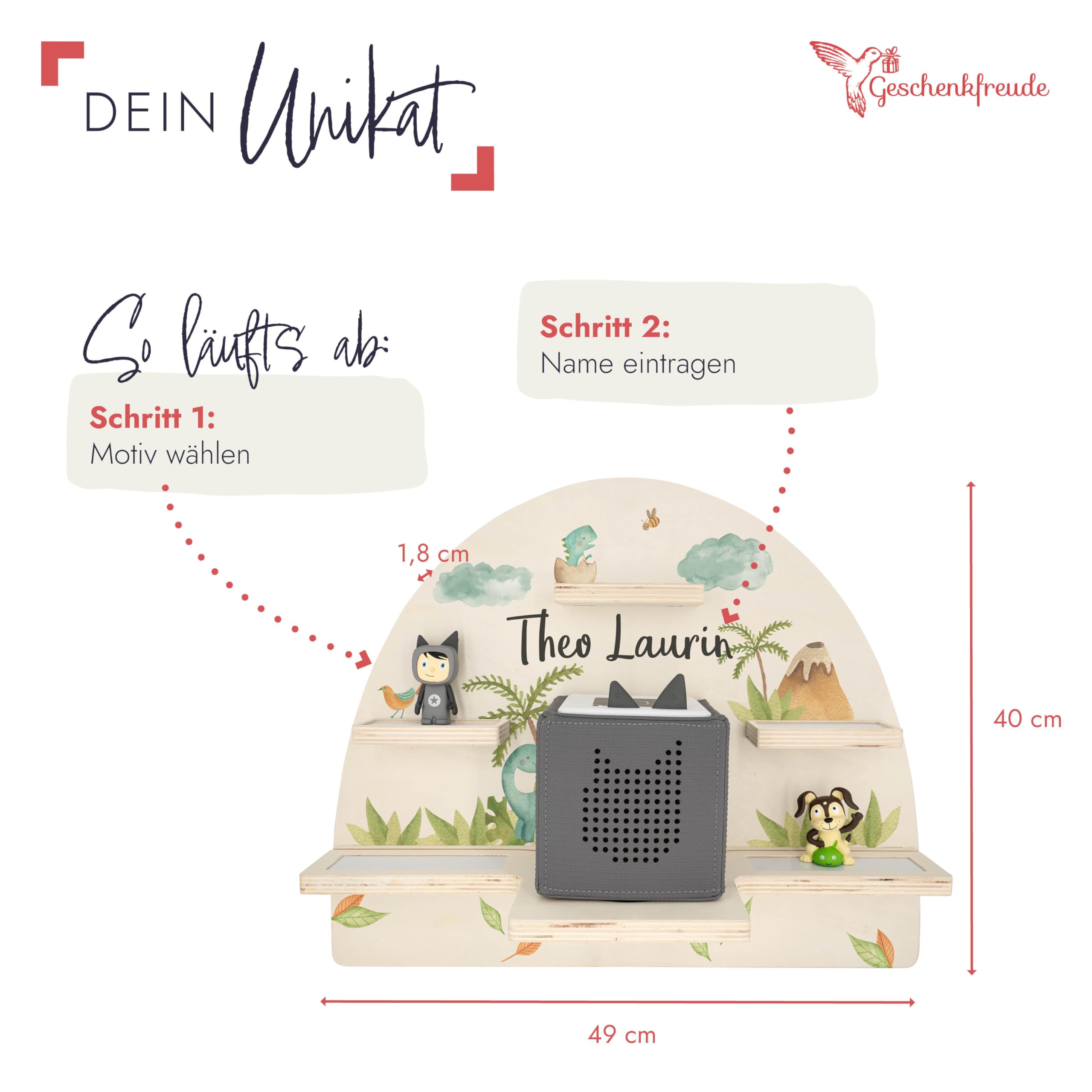 Geschenkfreude Personalisiertes Toniebox Regal für Kinderzimmer - Kinder Wandregal für Tonie Hörfiguren - Magnetisches Tonie Wandregal zur aufbewahrung von Tonieboxen und Figuren – Dino