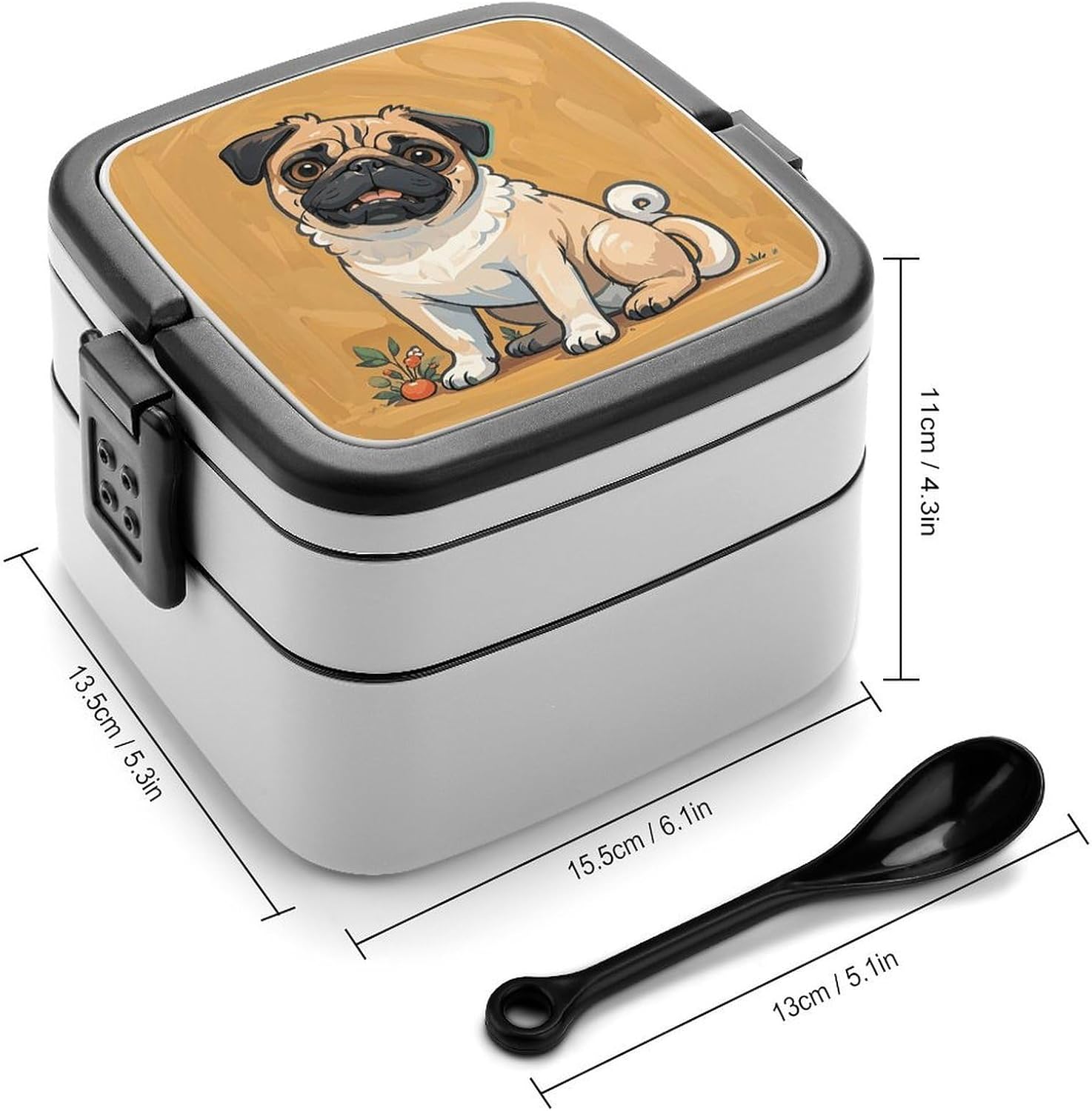Funny Cartoon Pug Puppy Dogs Stackable Bento Box with Spoon - Leak Proof Lunch Container, Insulated Food Storage Boxes/Invisible Handle for Office, Travel & Picnic image 2