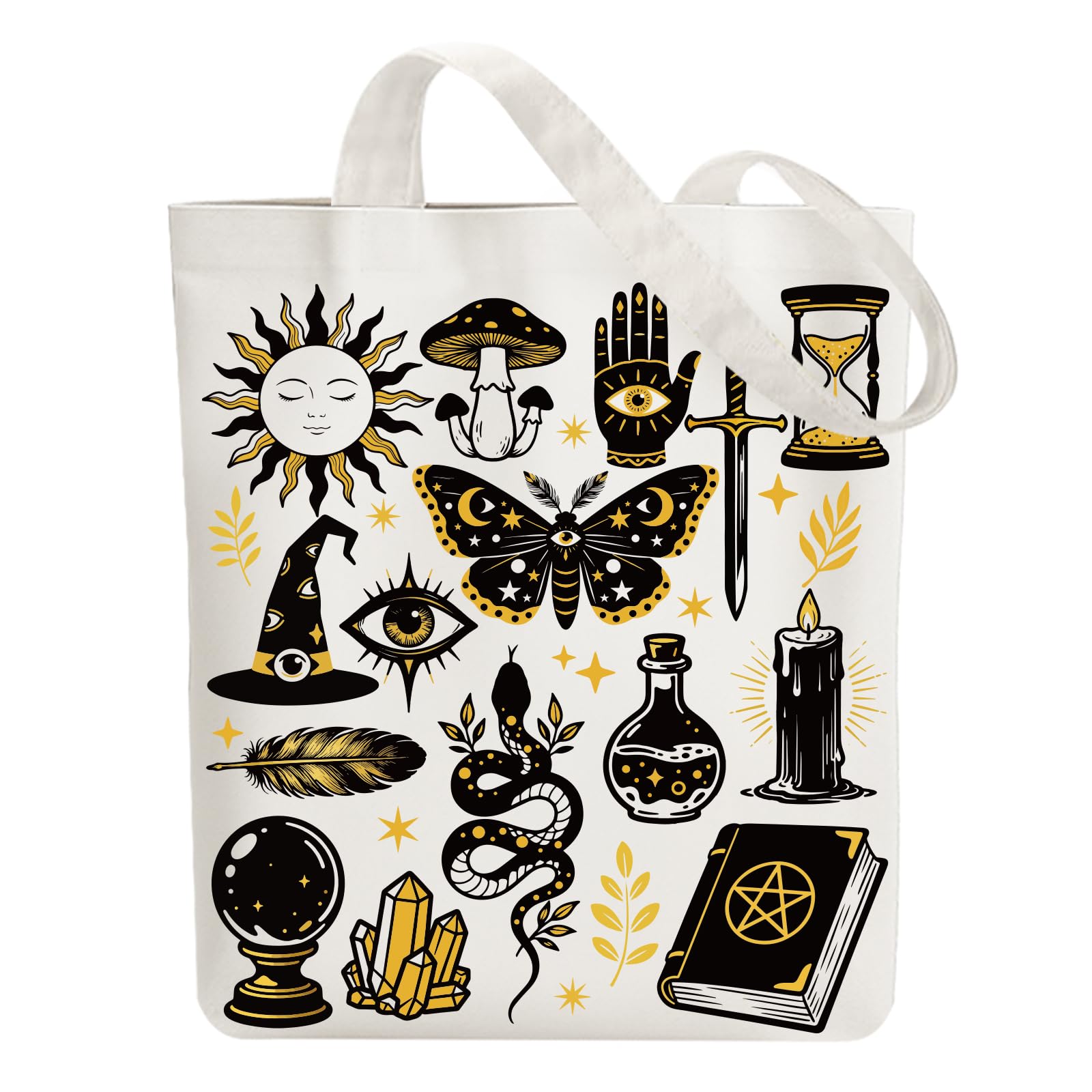 ANATTASOUL Canvas Tote Bag Divination Elements Reusable Cotton Bag for Women, 15.74"x14.96" Durable and Foldable Cloth Shoulder Bags with Zip Pockets for Shopping, Vacation, Work, Gym, Gifts