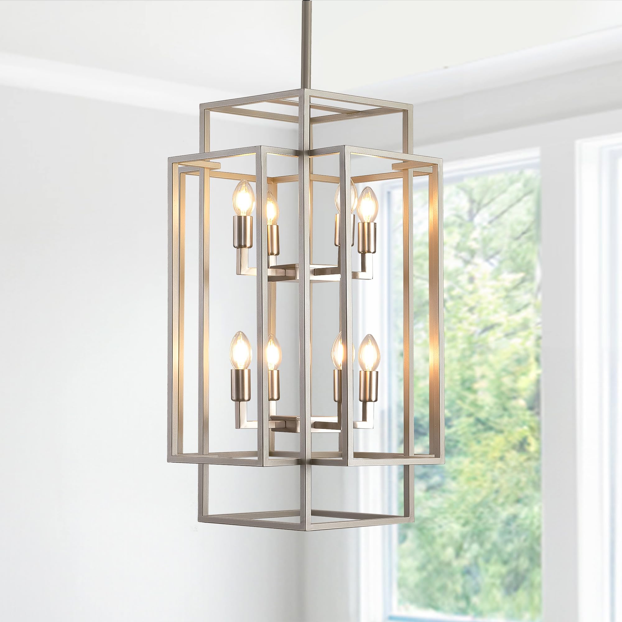 Sliver Foyer Chandelier High Ceiling: Modern 8-Light Farmhouse Lantern Chandeliers for Entryway Industrial Large Pendant Light Fixtures for Entry Staircase Hallway Dining Room Kitchen Island