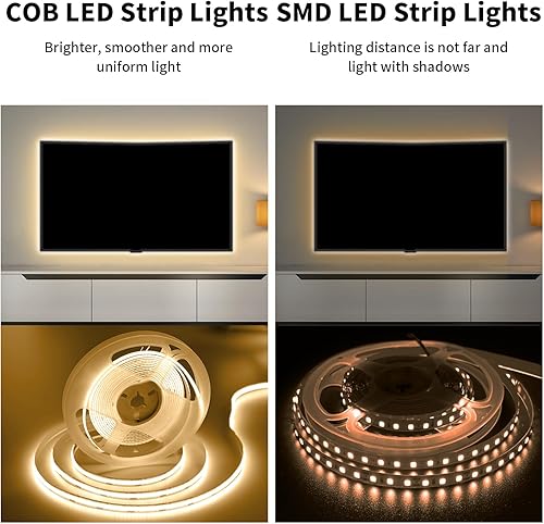 Miniatura 7 de Tira de luces LED COB de 12 V, blanco cálido, 3000 K, 16.5 pies16.4 ft, CRI 93+ luces LED COB, 320 LEDM, tira de luces flexibles regulables para