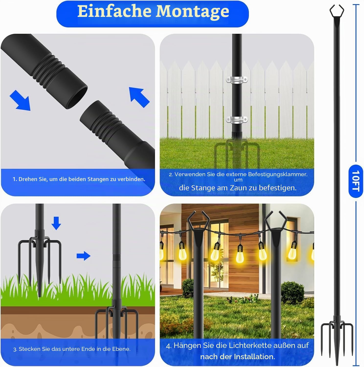 HoldOneLight 4 Pack String Light Poles,9.8 Ft Metallstangen mit Gabel für Outdoor String Lights,Outdoor Light Poles mit Gabel,Poles/Post/Stand für Draußen,Patio,Deck,Hinterhof,Garten Hochzeit(4 PACK)