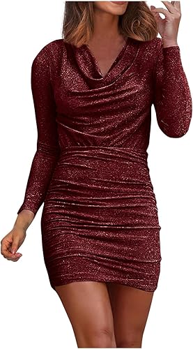 Minivestido ajustado para mujer, de manga larga, con cuello redondo, fruncido, corto, para club, cóctel, fiesta, boda, invitada, Vino disponible en Yaxa Venezuela