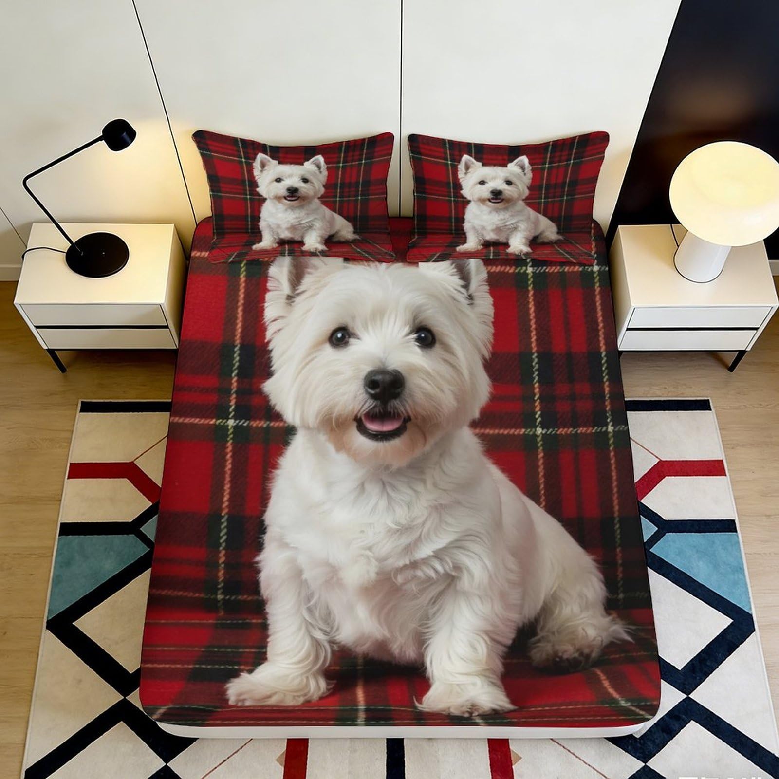 3D Printed Westie Dog Tartan Fitted Sheet Microfiber Soft Breathable Puppy Bed Cover for Bedroom Guest Room Decor 90x200x25cm