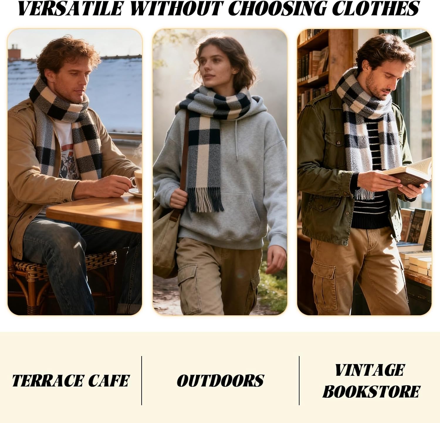 Pure Wool Scarf Women with Tartan Plaid, Fringe Trim Design, Warm and Cozy Winter Scarves, Gifts for Women and Men