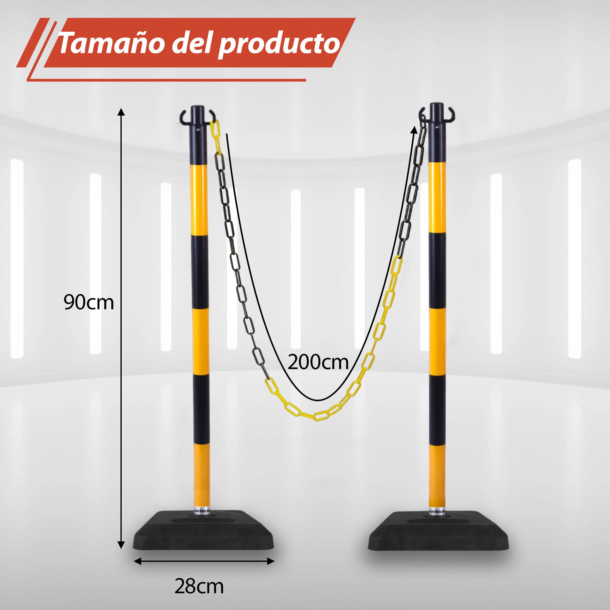 4 Pieza Barrera de Aparcamiento con Cadena,90x28x28 cm, – Postes de tráfico robustos con base estable en Amarillo-negro para obras, seguridad en aparcamientos y control del tráfico. (Amarillo-negro)