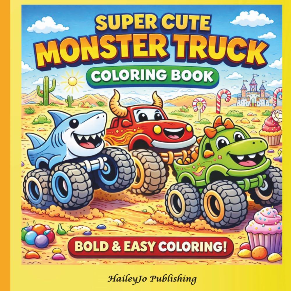 Super Cute Monster Truck Coloring Book: Bold & Easy Monster Trucks for Kids Ages 4-8 | Fun Trucks, Dinosaurs, Sharks & Racing Adventures