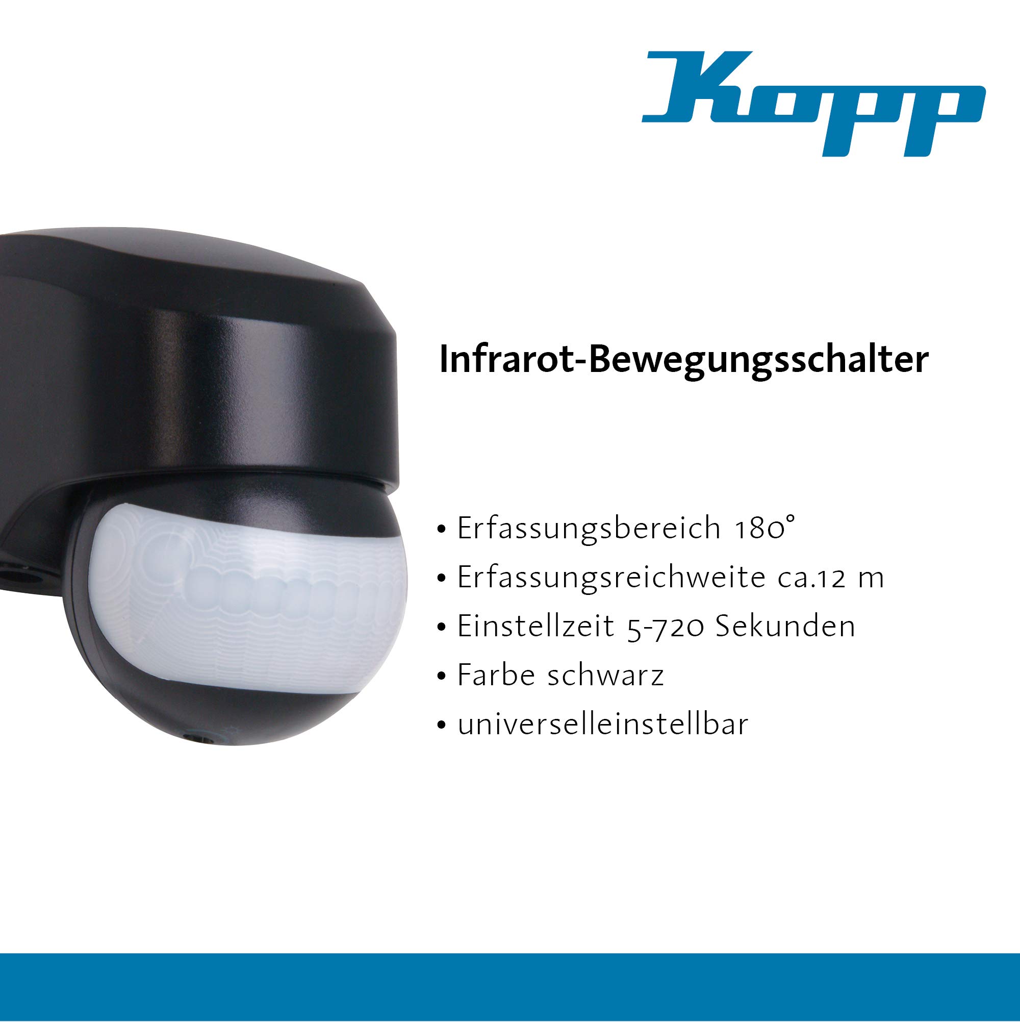 Kopp Infracontrol Détecteur de Mouvement, 180°, portée 12m, détecteur de Mouvement Infrarouge en saillie pour l'extérieur et l'intérieur, IP44, Noir, 823805017