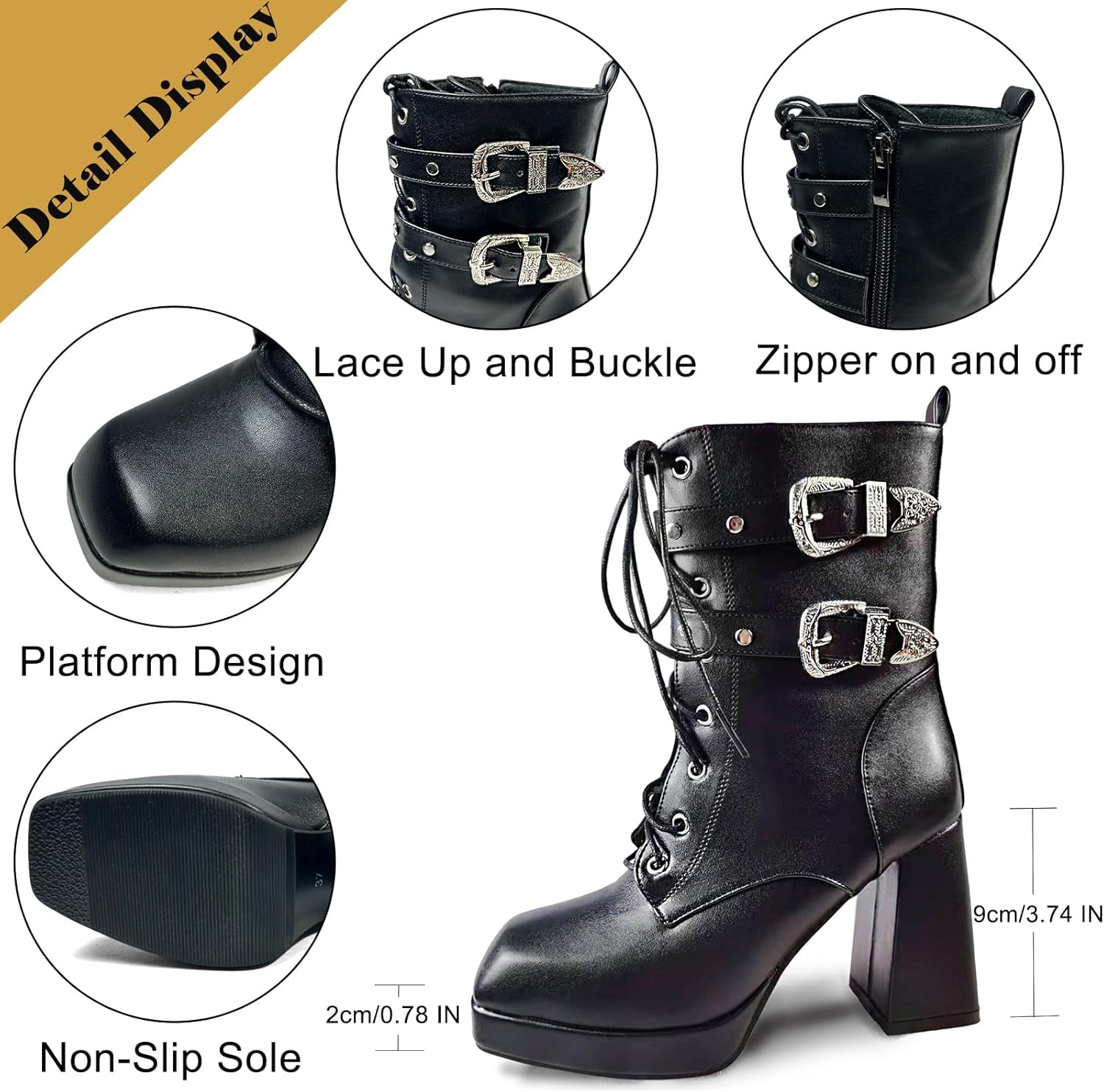 MEOTINA Goth Platform Boots Lace Buckle Gothic Cosplay Booties Chunky High Heels Ankle Boots Zipper Punk Shoes - Image 6
