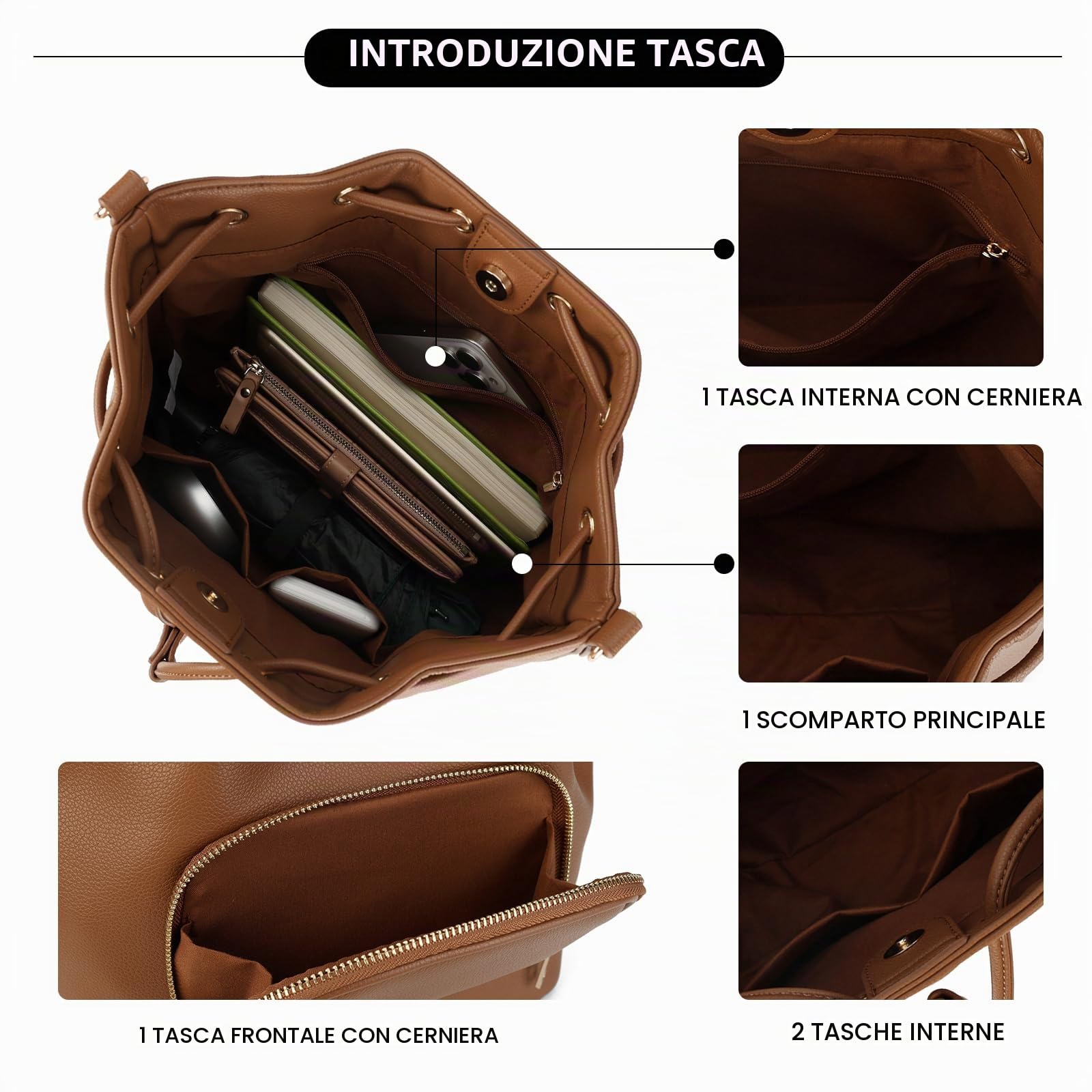 AFKOMST Borsa a secchiello da donna in pelle, con coulisse e tasca frontale con cerniera, grande capacità, borsa a tracolla per lavoro, viaggi e uso quotidiano
