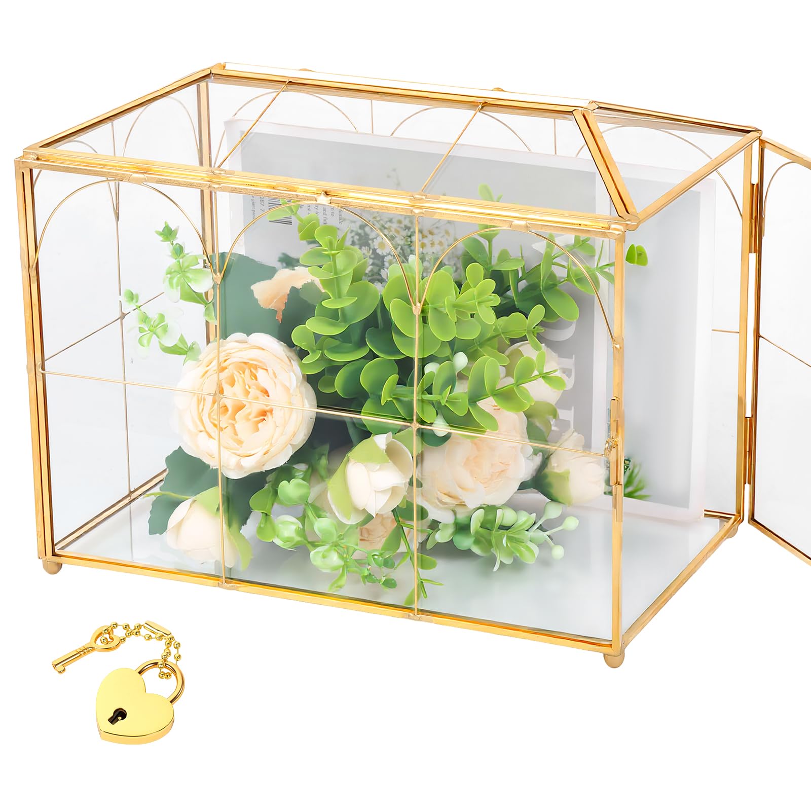 Bpyhebe Glass Card Box with Slot, Gold Wedding Card Box with Heart-shaped Lock, Large Decorative Storage Boxes for Wedding Receptions, Baby Shower, Birthday Party, Bridal Shower, 26×15×21cm