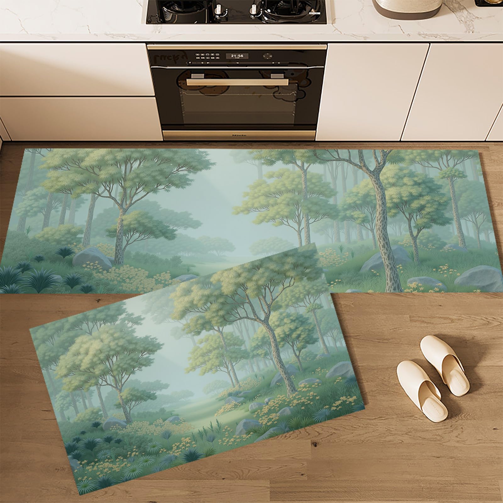 Juegos de tapetes de cocinas verde claro con árboles y plantas en formato de 50x80 y 50x120cm