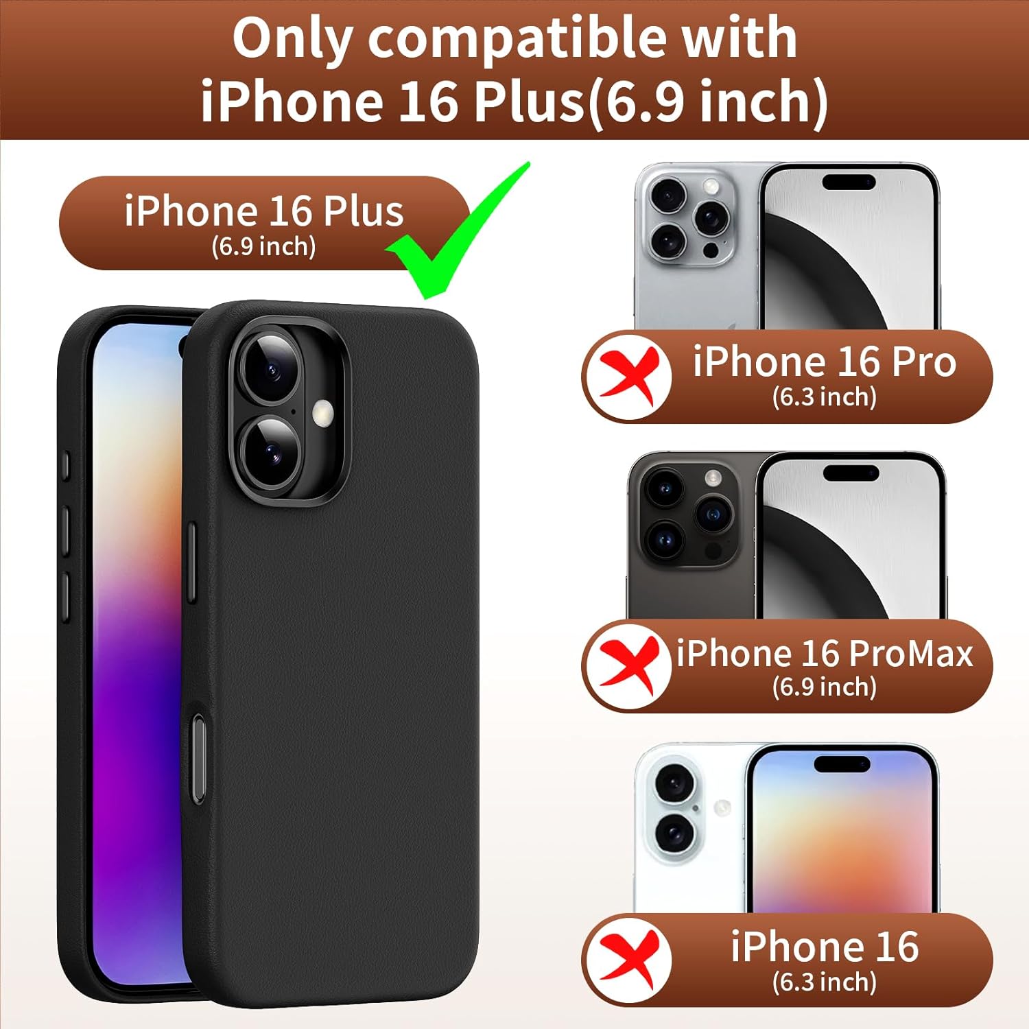 Leather Case for iPhone 16 Plus Black Compatible with Magsafe, Full Grain Genuine Leather, Slim Fit Executive Case, Metal Buttons & Camera Bump Frame Phone Protective Cover