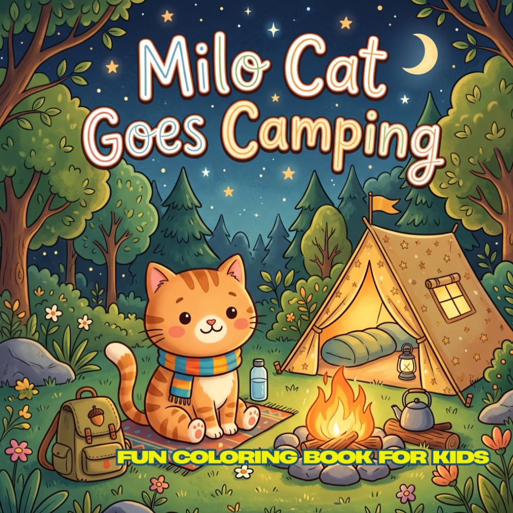 Milo Cat Goes Camping: 30 Cute Camping Coloring Pages for Kids Ages 4–12 | 8.5 x 8.5 inches | Simple, Cozy, and Fun Outdoor Adventures