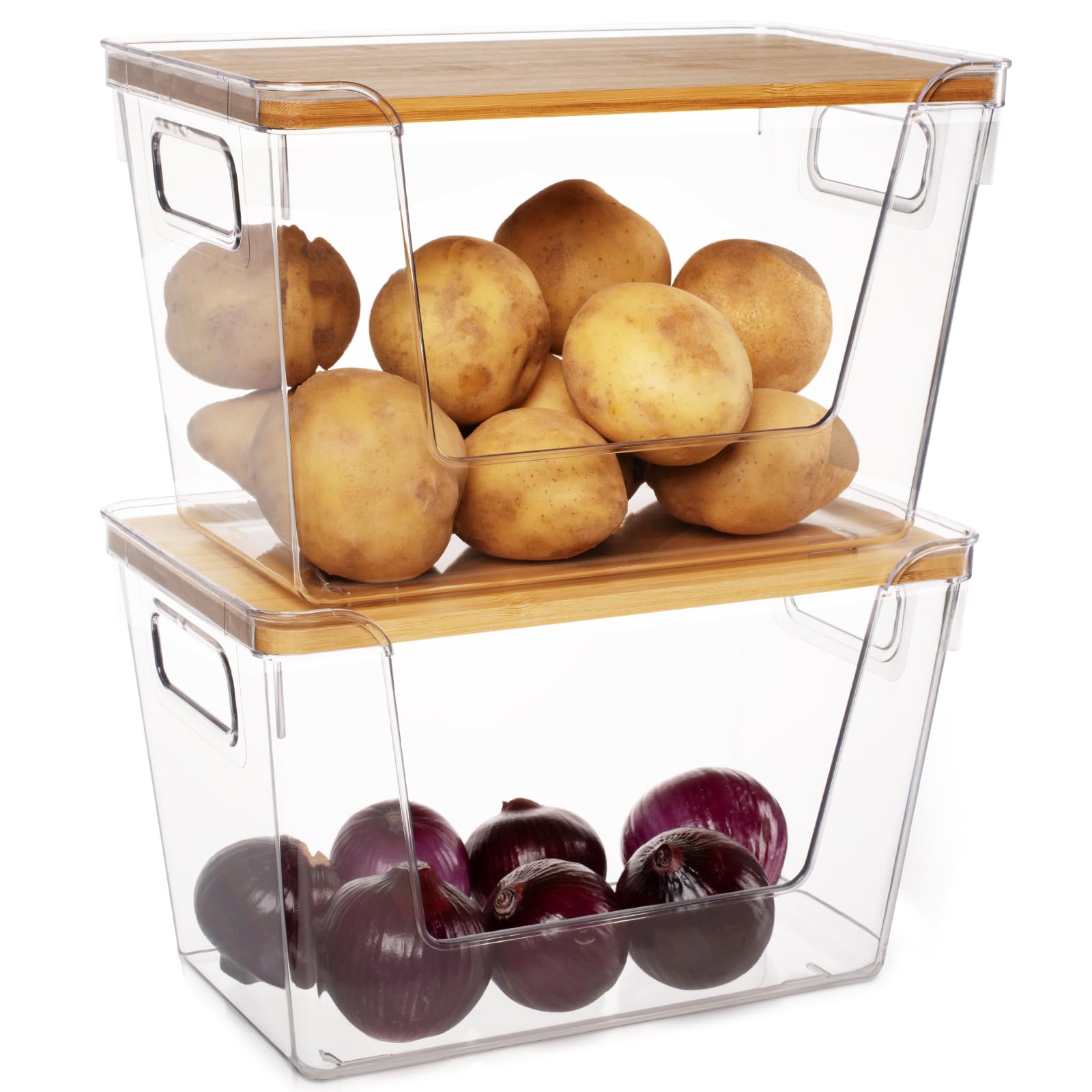 Abiudeng - Cajas de almacenamiento apilables para cocina (2 unidades, tapa de bambú para patatas de gran apertura frontal, organizadores de despensa y almacenamiento para verduras,
