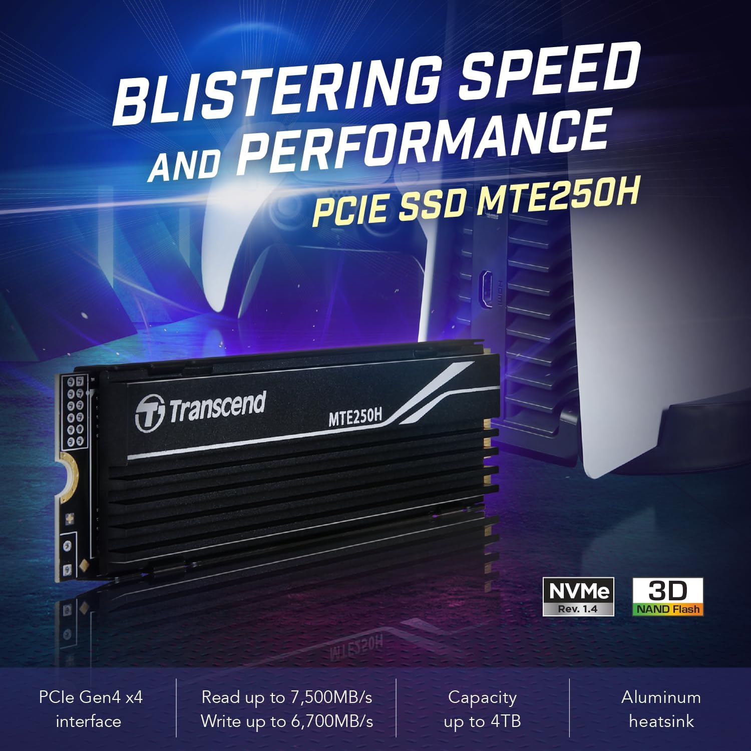 Transcend MTE250H 4TB M.2 2280 SSD with Heatsink, Up to 7,500MB/s for PS5/Desktops/Laptops, PCIe NVMe Gen4x4 Internal SSD, 3D TLC NAND, High-Speed Solid State Drive, for Gaming/Professional Use