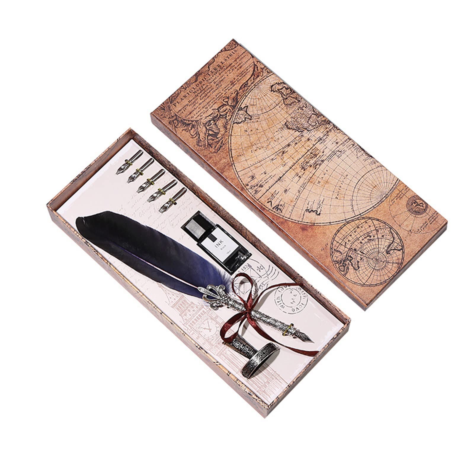 ACiyD Handgefertigter Federkiel aus Metall mit Tinte Vintage Writing Feather Dip Pen Box Set zum Schreiben, Kalligrafie (Color : Red, Size : 28.8x12x4.5cm) (Marineblau 28.8x12x4.5cm)