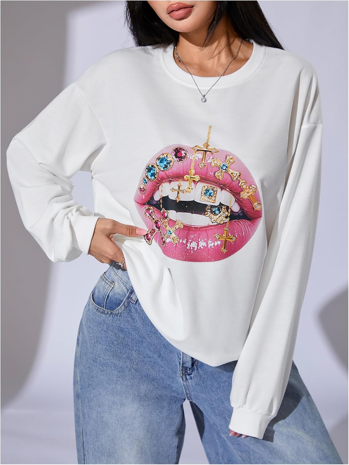 SweatyRocks Women's Lip Graphic Print Sweatshirts Y2K Streetwear Long Sleeve Pullover Tops - Image 3