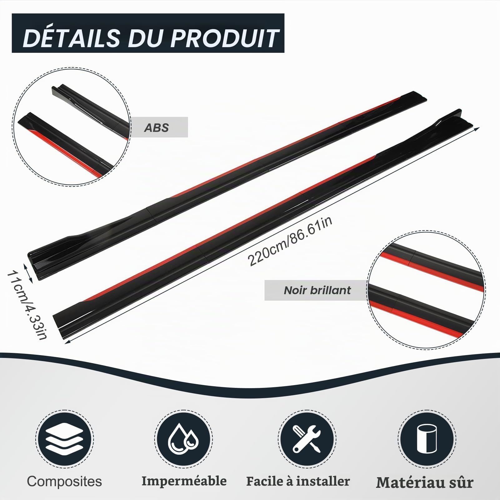 Jupes latérales pour voiture, jupe latérale de style de carrosserie de voiture, séparateurs de garniture rouge noir brillant diffuseur Winglet universel pour véhicule